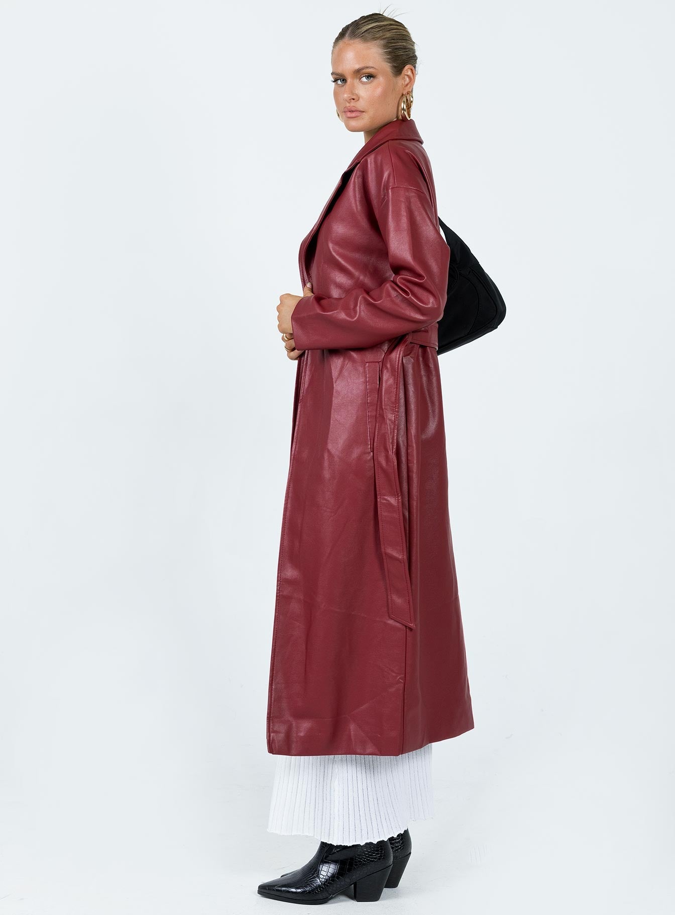Leif Faux Leather Long Coat Burgundy