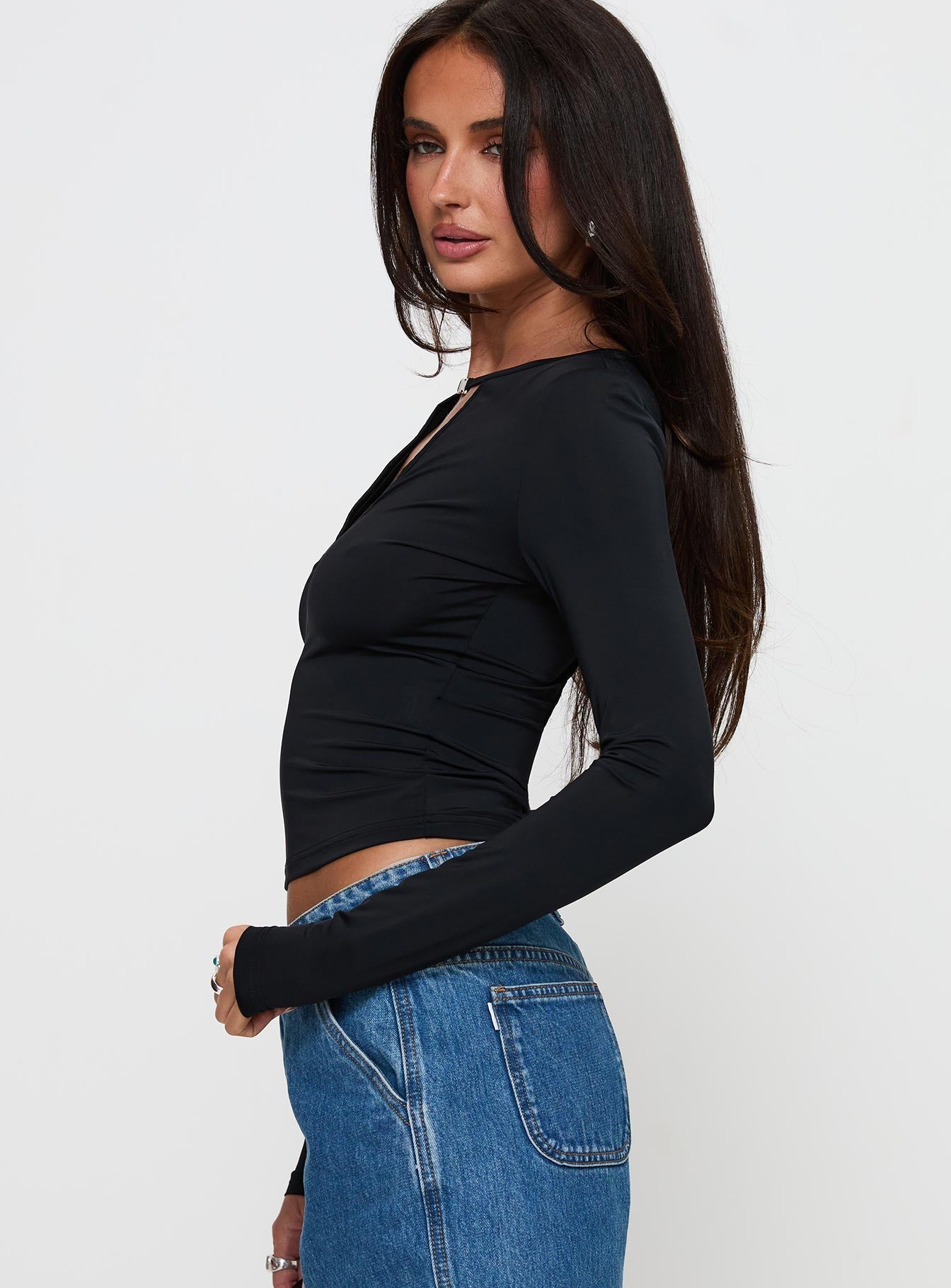Layna Long Sleeve Plunge Neck Top Black