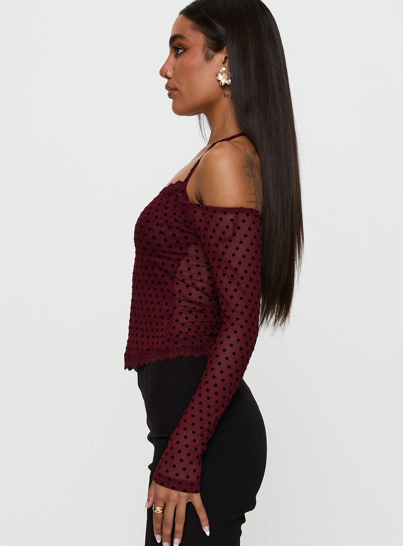 On My Side Off Shoulder Tie Neck Top Burgundy