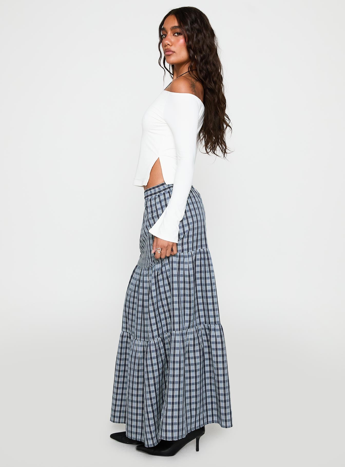 Rockwell Tiered Midi Skirt Navy Check