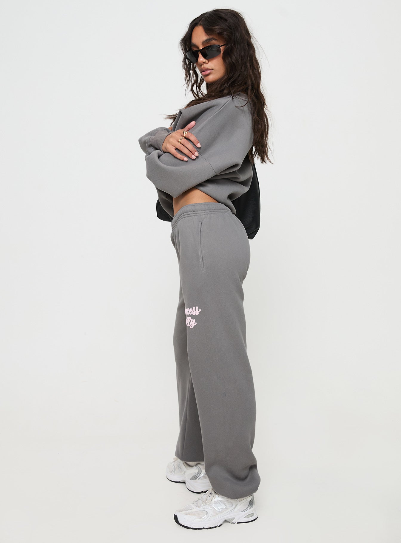 Princess Polly Track Pants Puff Text Charcoal