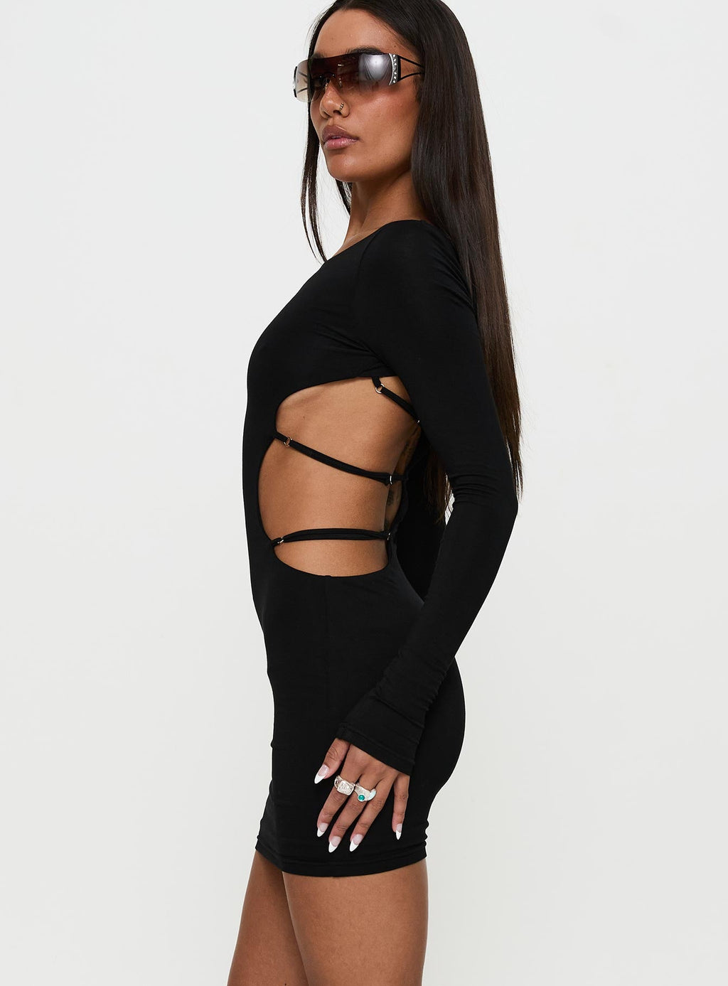 Rowin Long Sleeve Cut Out Mini Dress Black