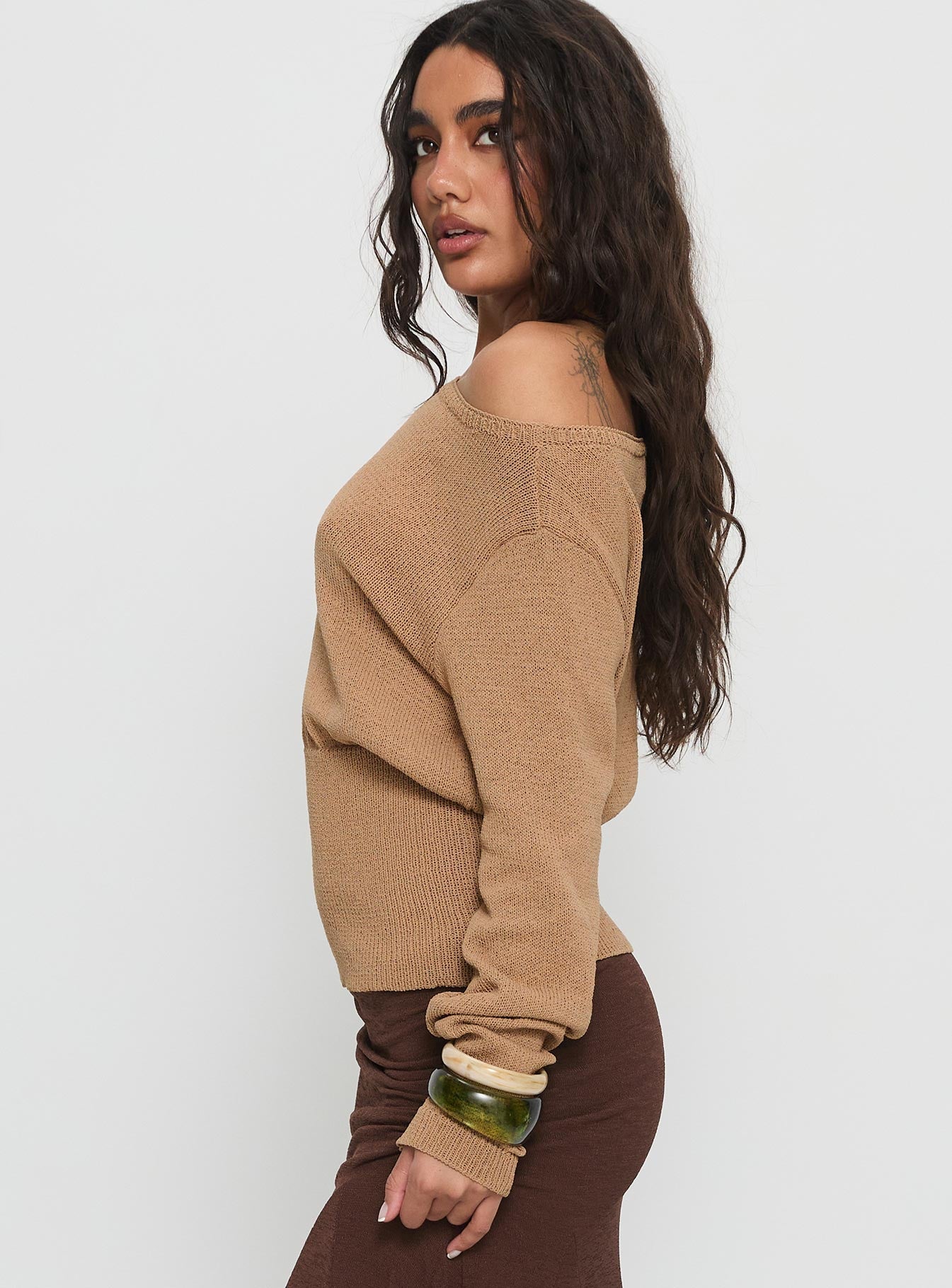Xaria Off Shoulder Knit Sweater Tan