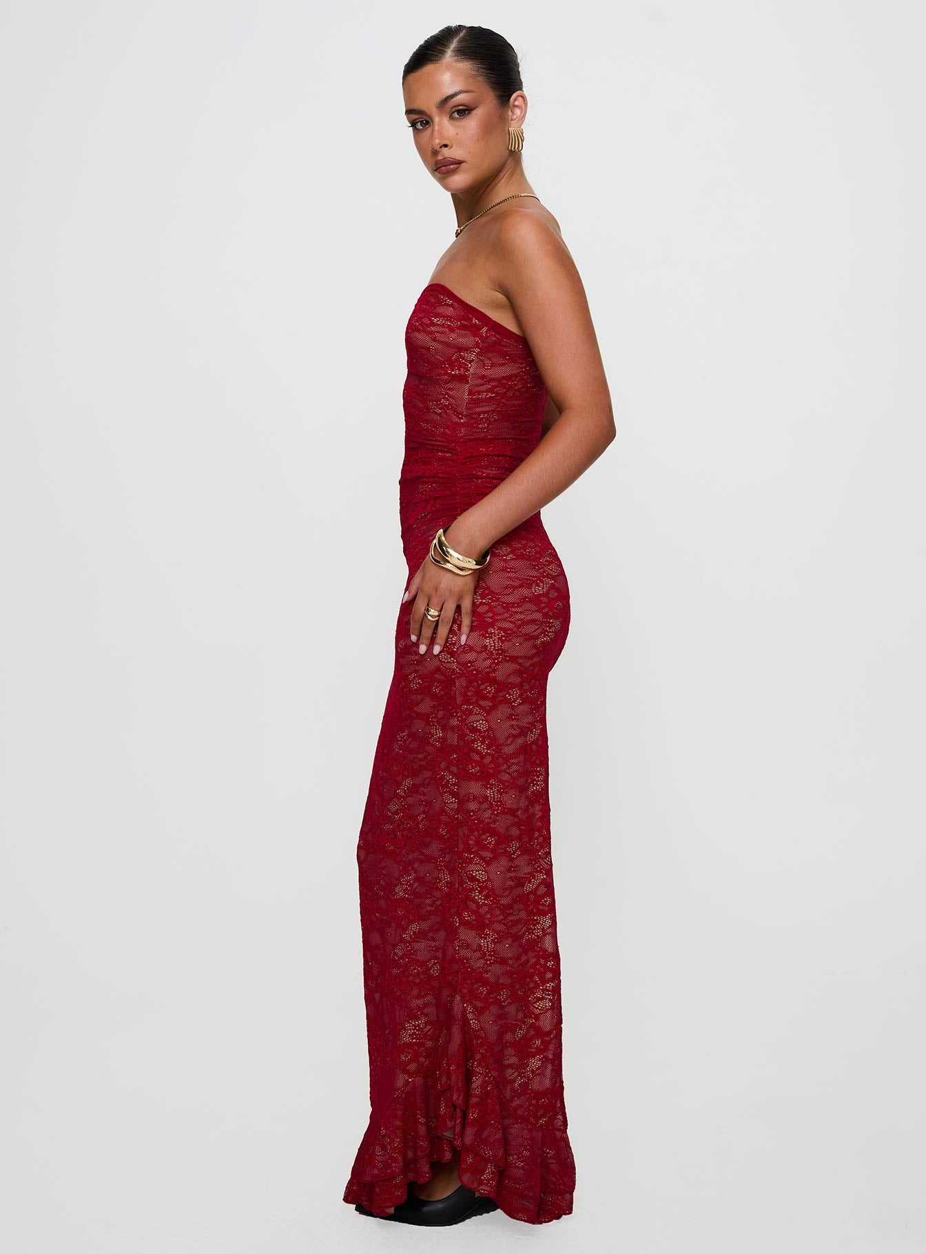 Hailees Lace Strapless Maxi Dress Red