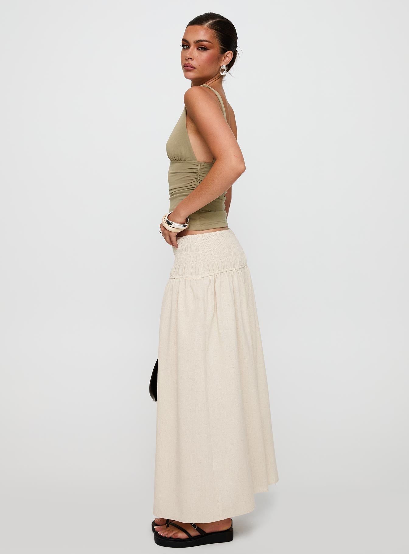 Small Towns Shirred Midi Skirt Beige