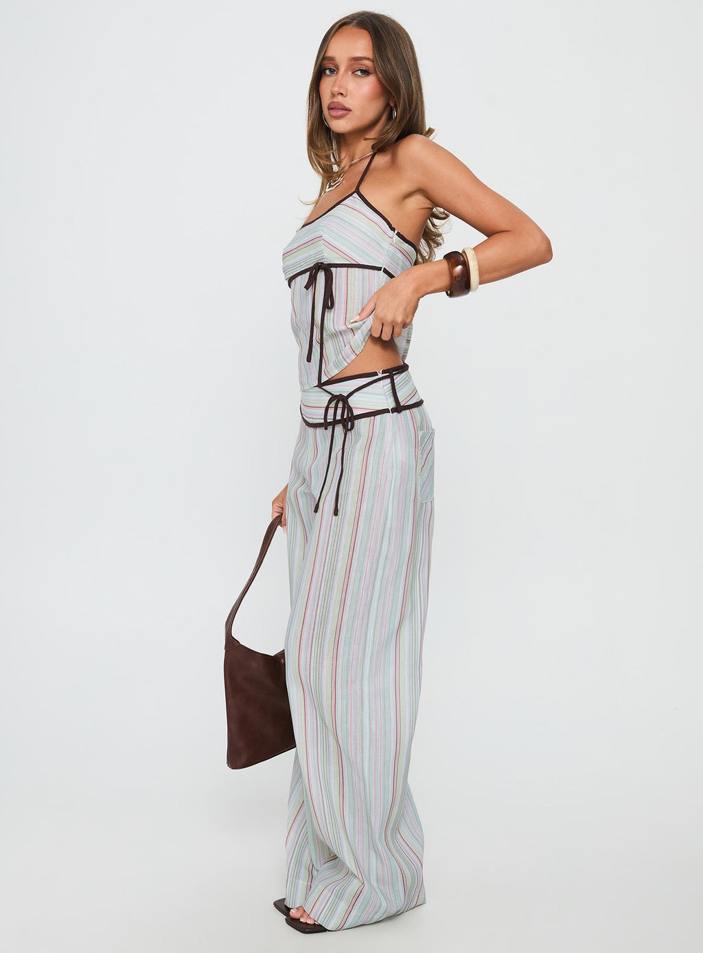 Taylar Thick Waistband Tie Pants Green Stripe