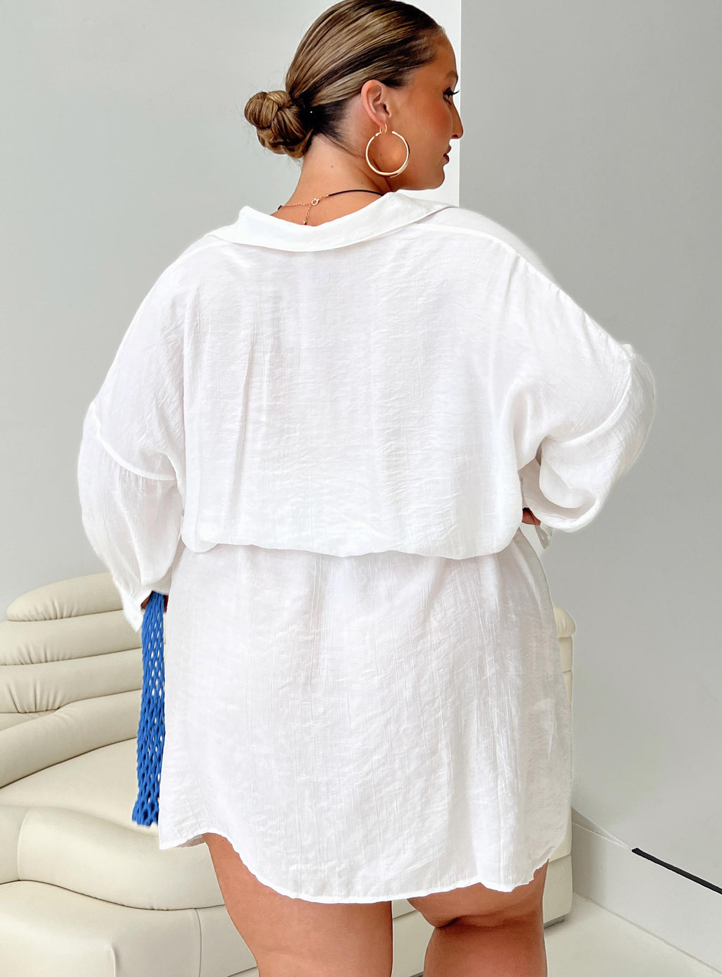 Bilari Textured Fabric Shirt Dress White Curve