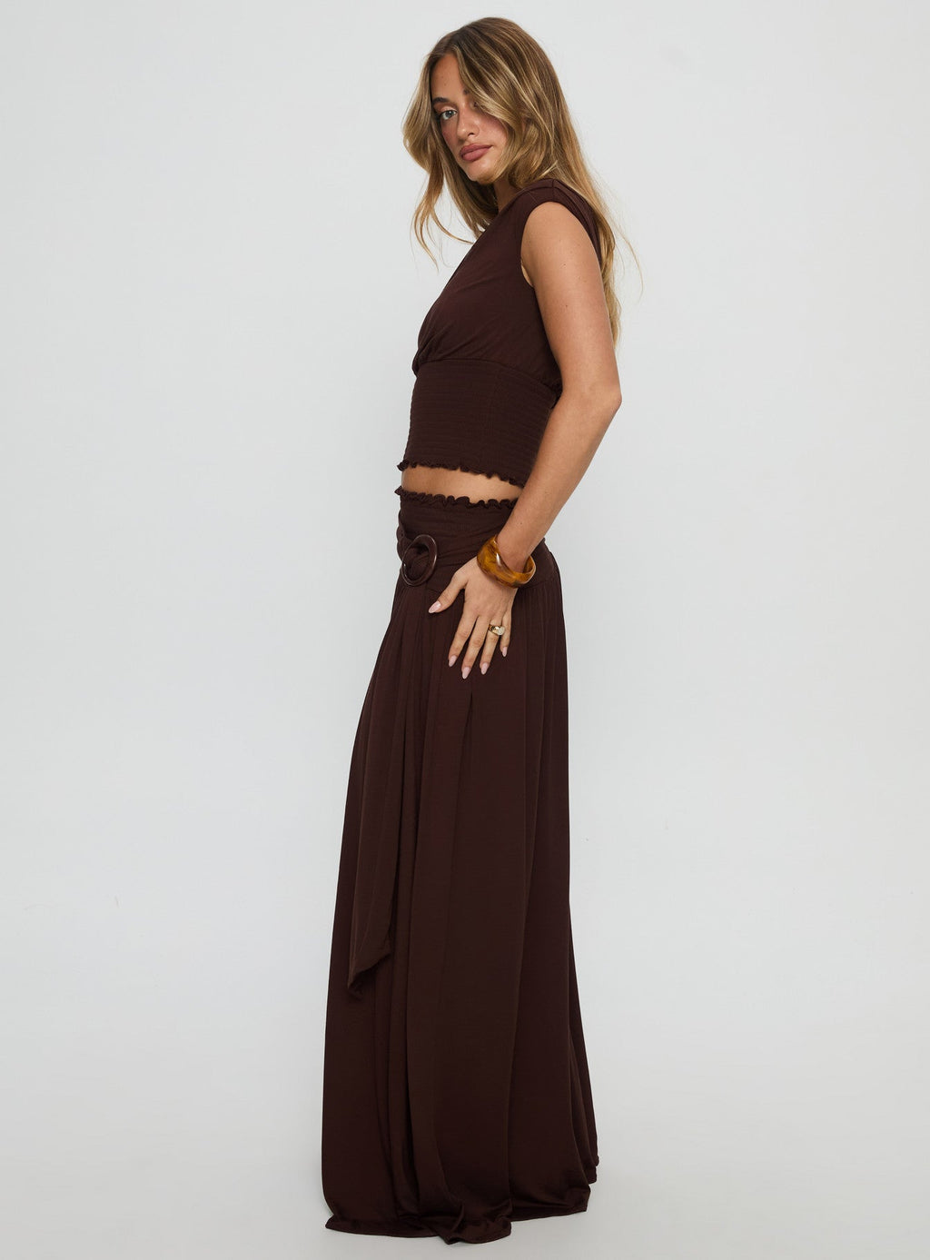 Full Orbit Shirred Maxi Skirt Chocolate Brown
