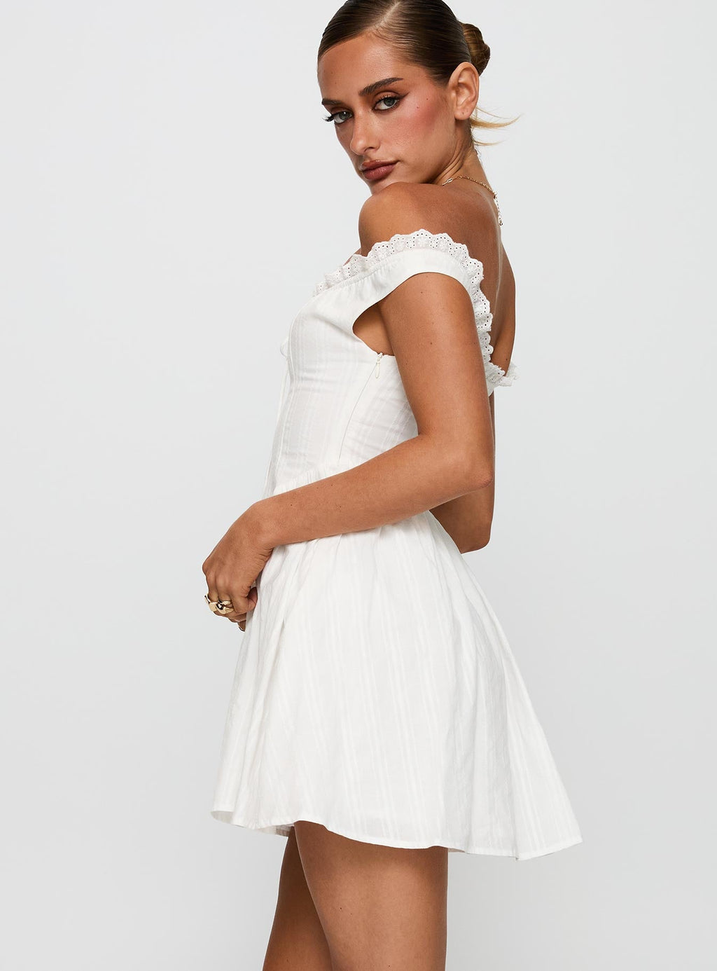 White Horse Off The Shoulder Mini Dress White