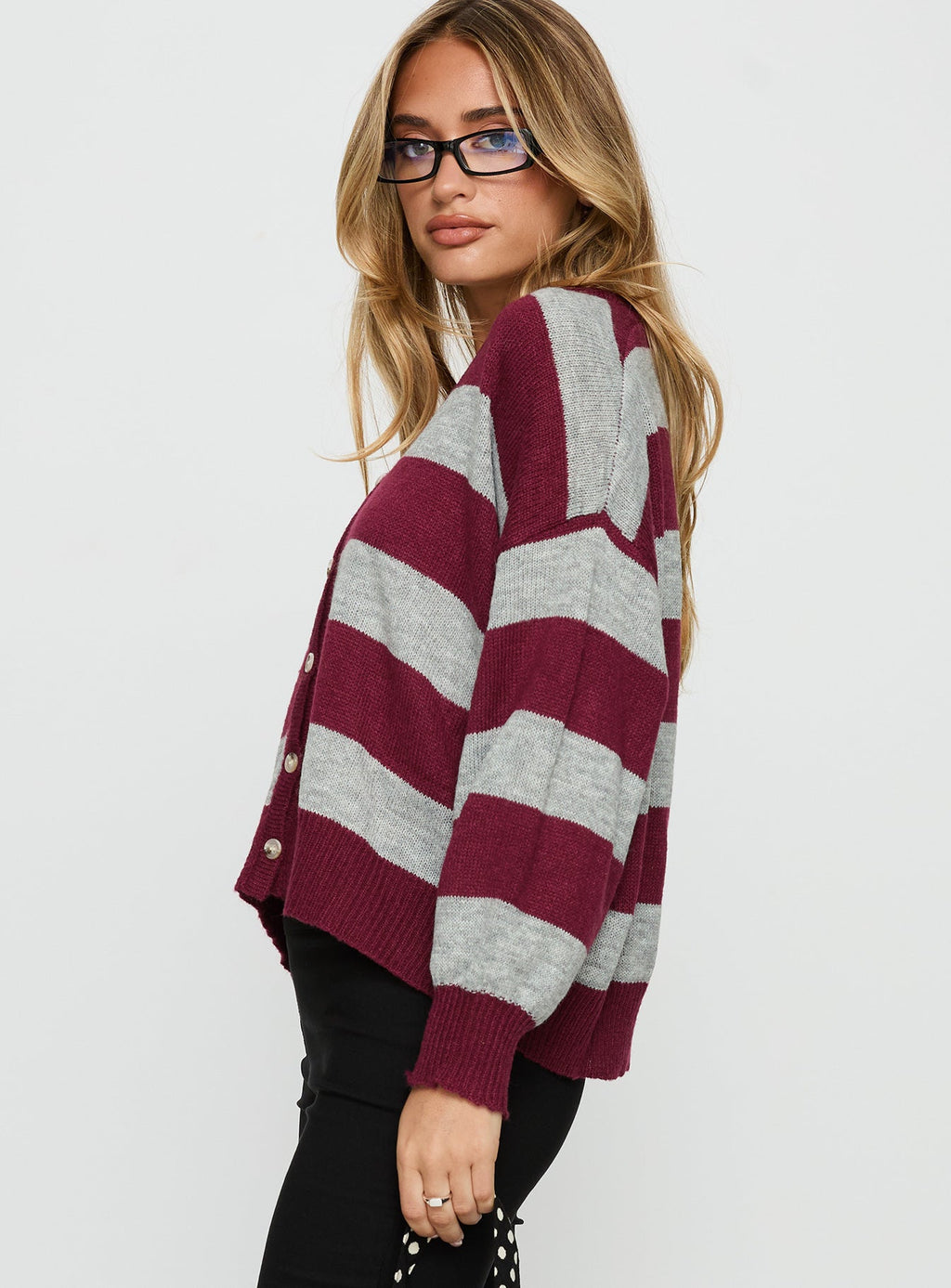 Devvon V Neck Knit Cardigan Red Stripe
