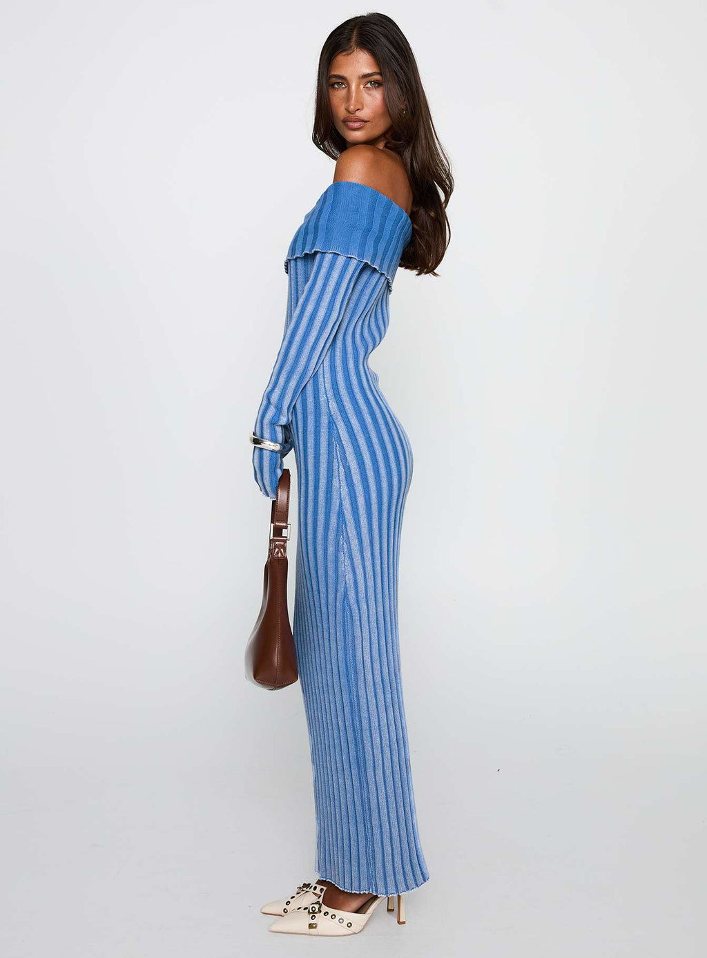 Mariska Long Sleeve Rib Maxi Dress Blue