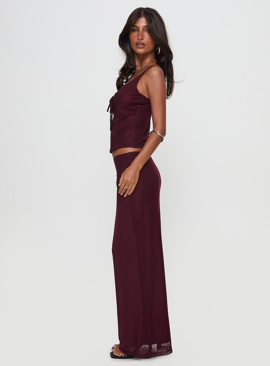 Reiko Lace Trim Tie Front Maxi Set Burgundy