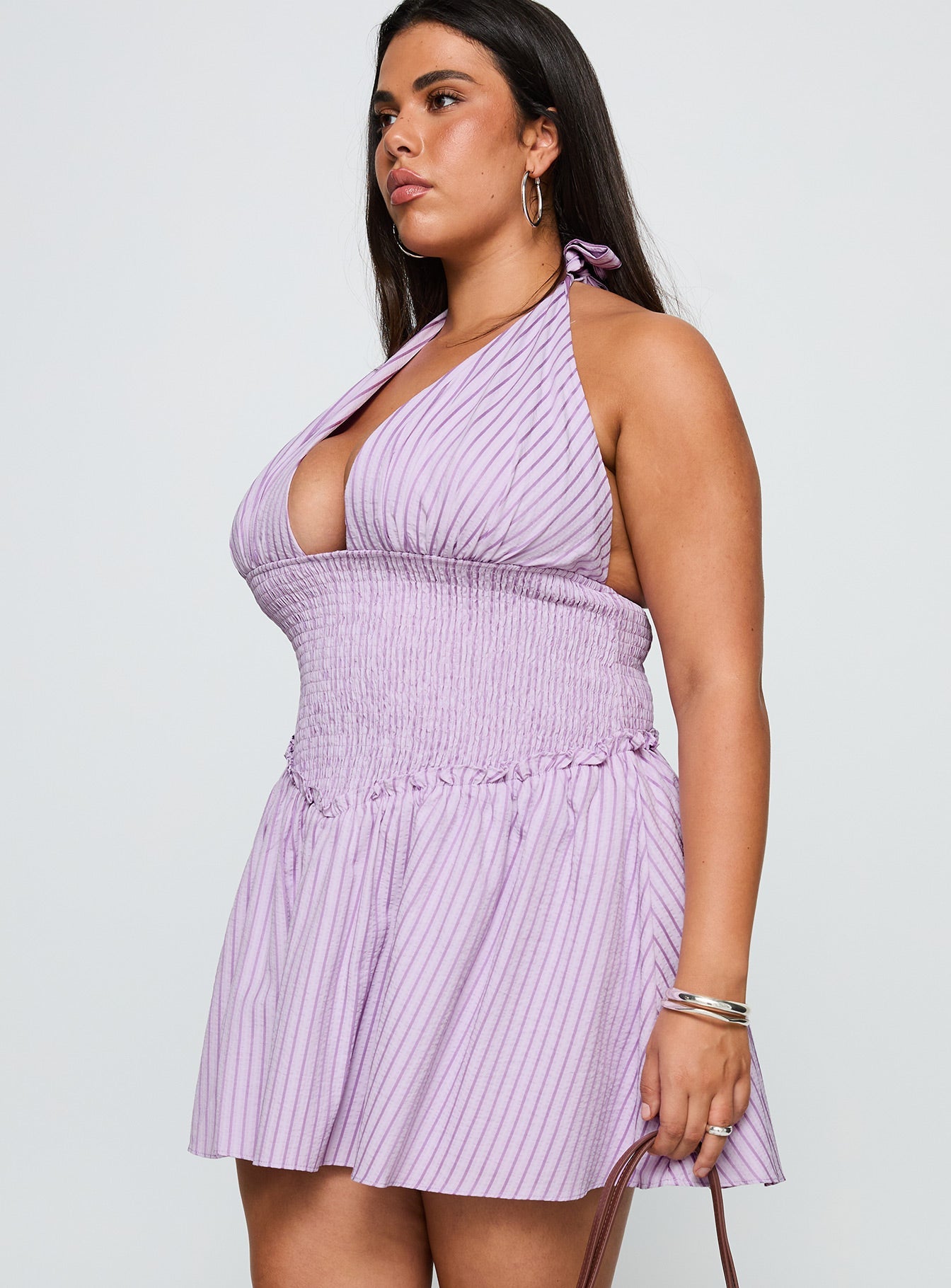 Attracted Halter Mini Dress Purple Stripe Curve