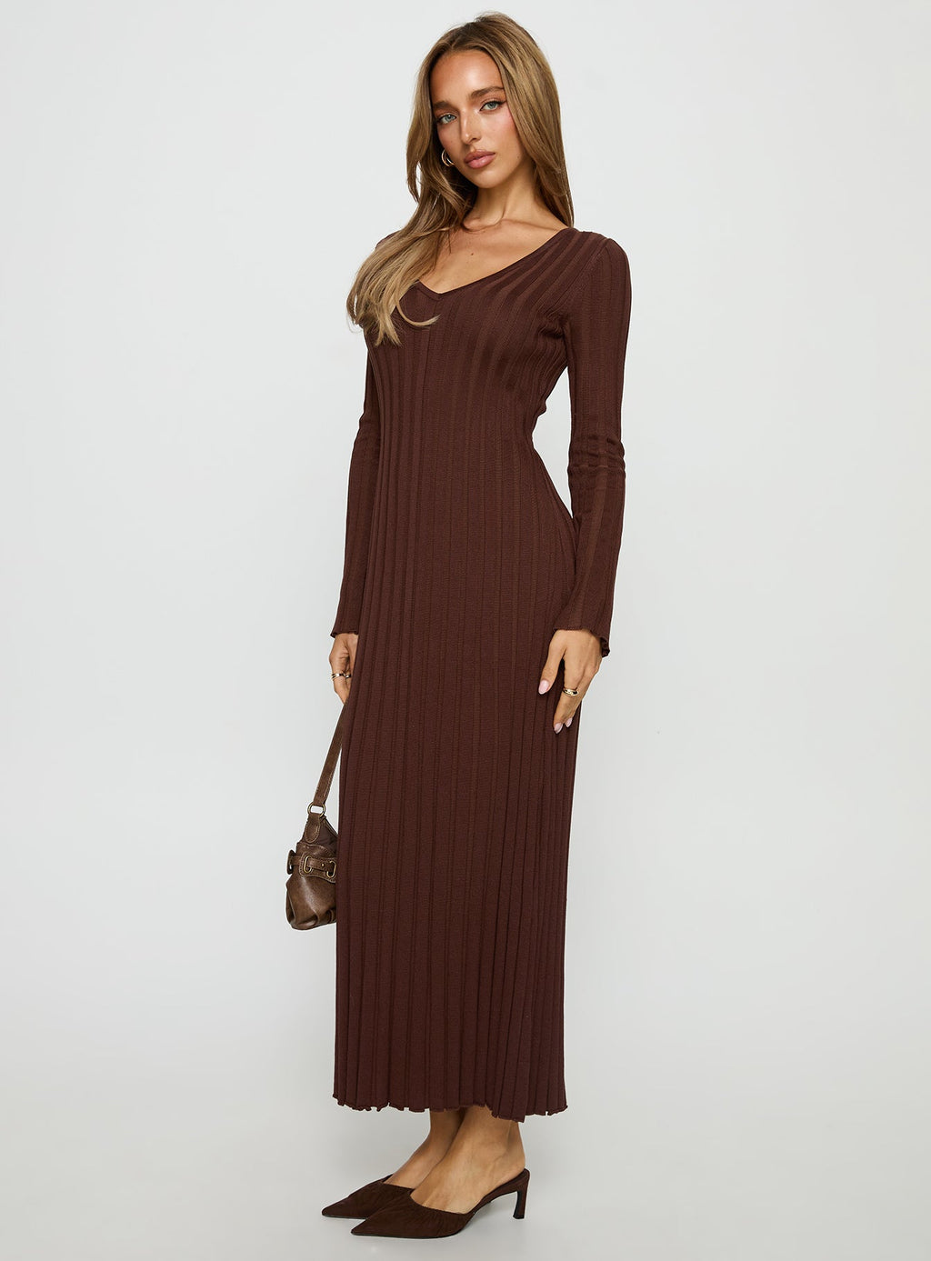 Gratuita Long Sleeve Rib Maxi Dress Chocolate