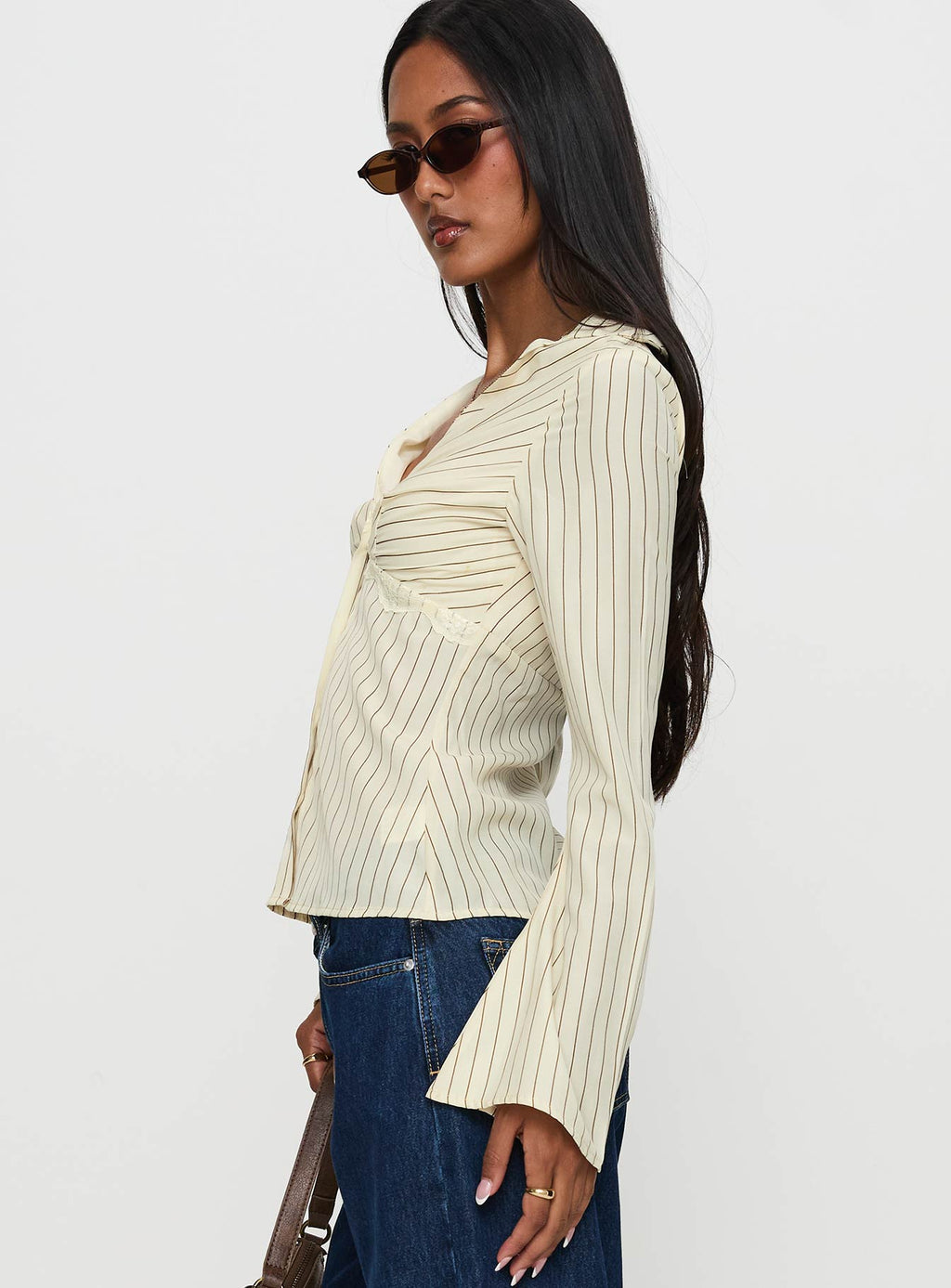 Life Begins Long Sleeve Lace Trim Top Cream Stripe