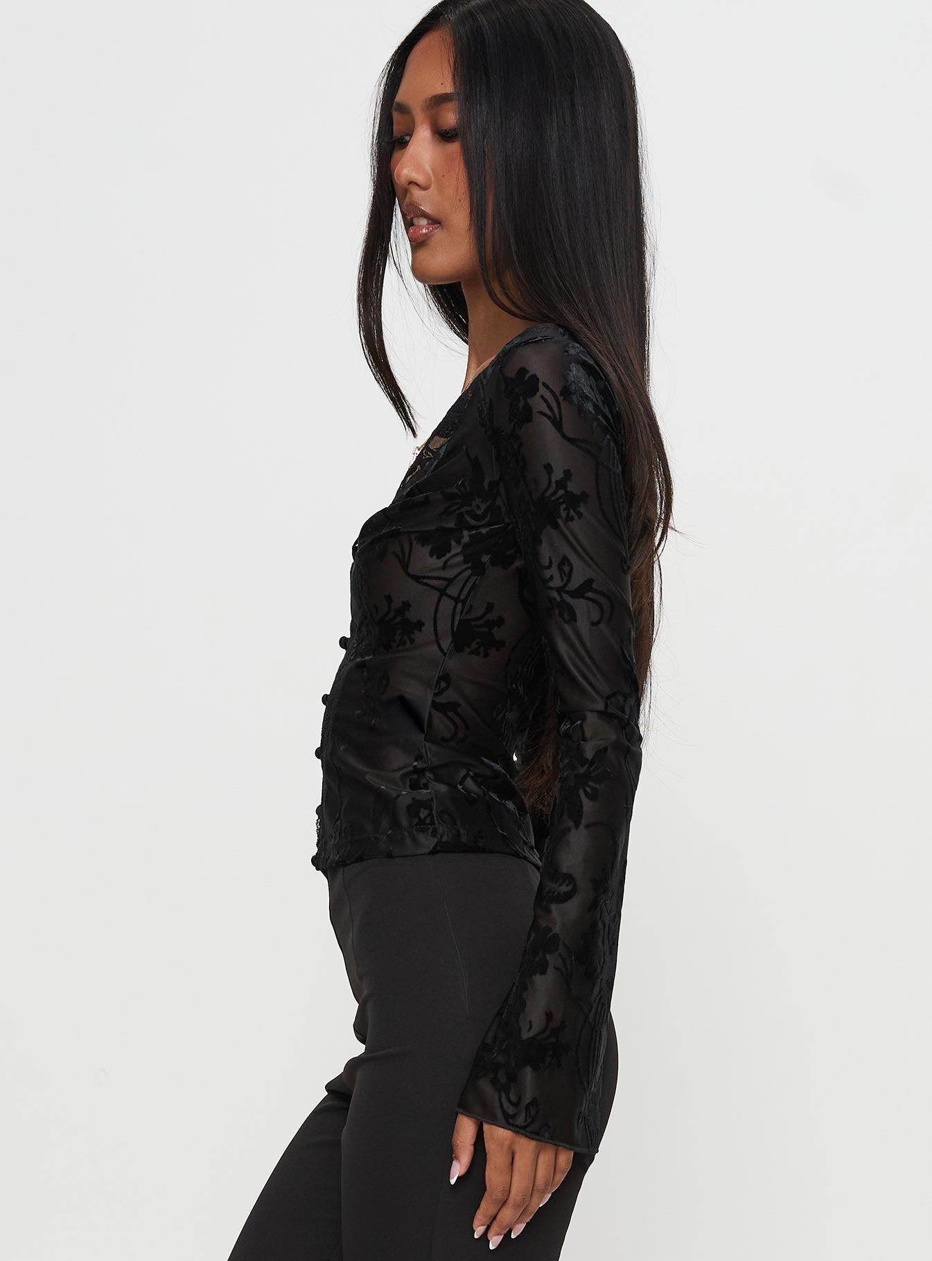 Find An Angel Long Sleeve Lace Trim Top Black