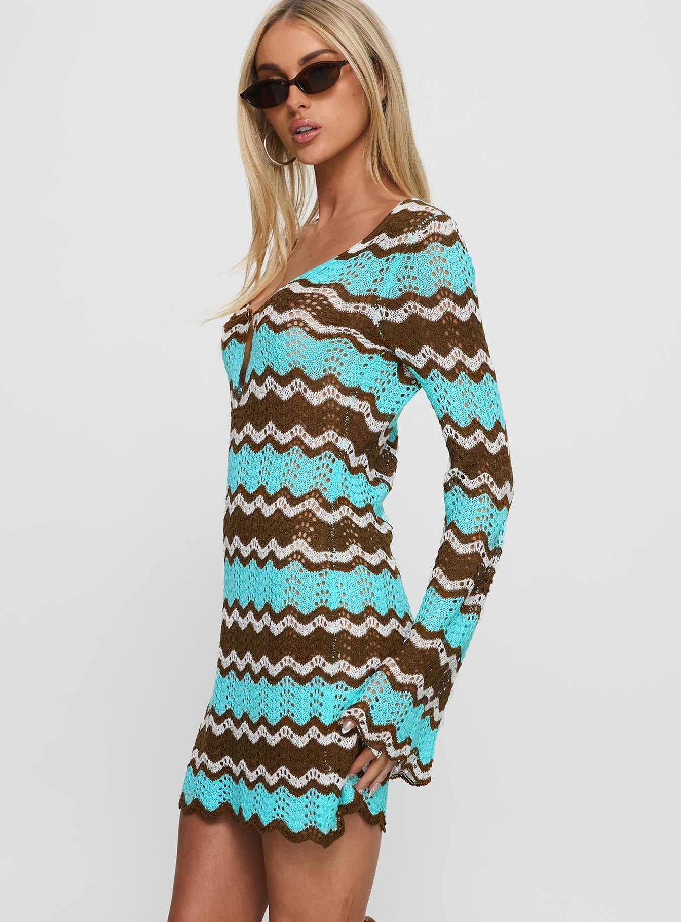 Suka Long Sleeve Knit Mini Dress Brown / Blue