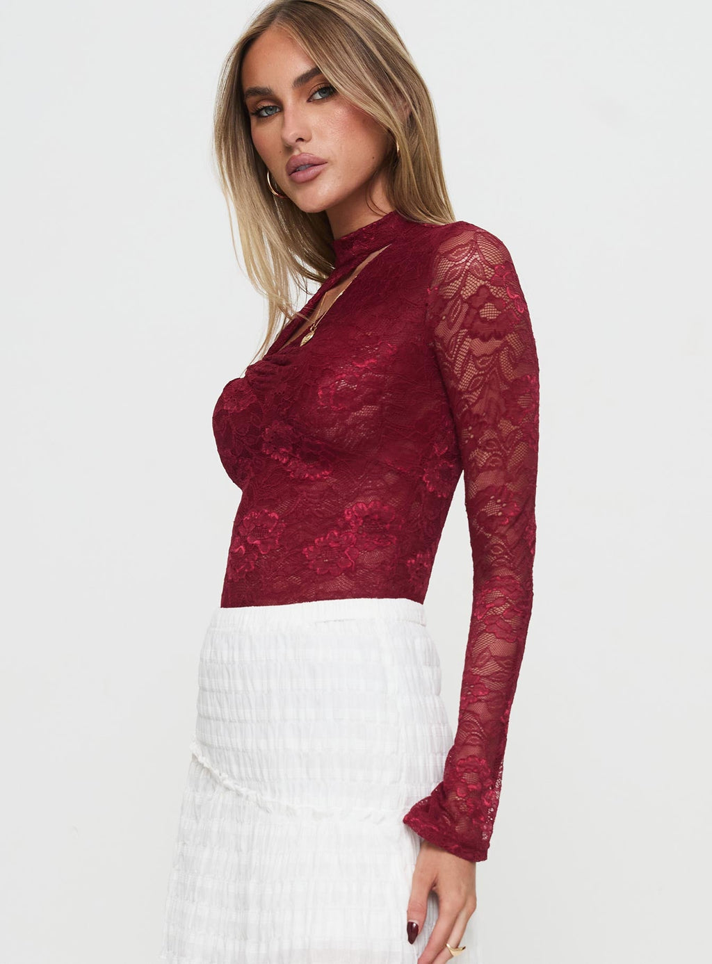 Twisted Humour Long Sleeve Lace Bodysuit Burgundy