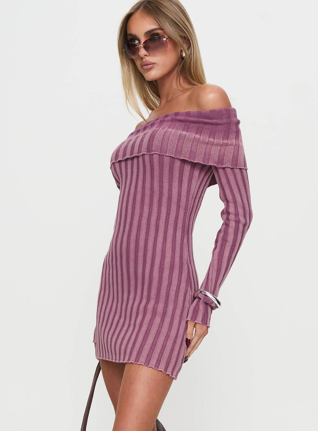 Kalesie Long Sleeve Rib Mini Dress Pink