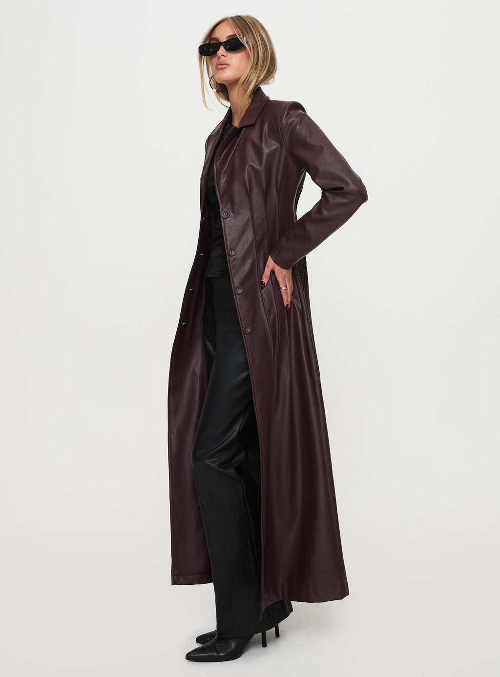 Speak Easy Long Line Faux Leather Coat Burgundy