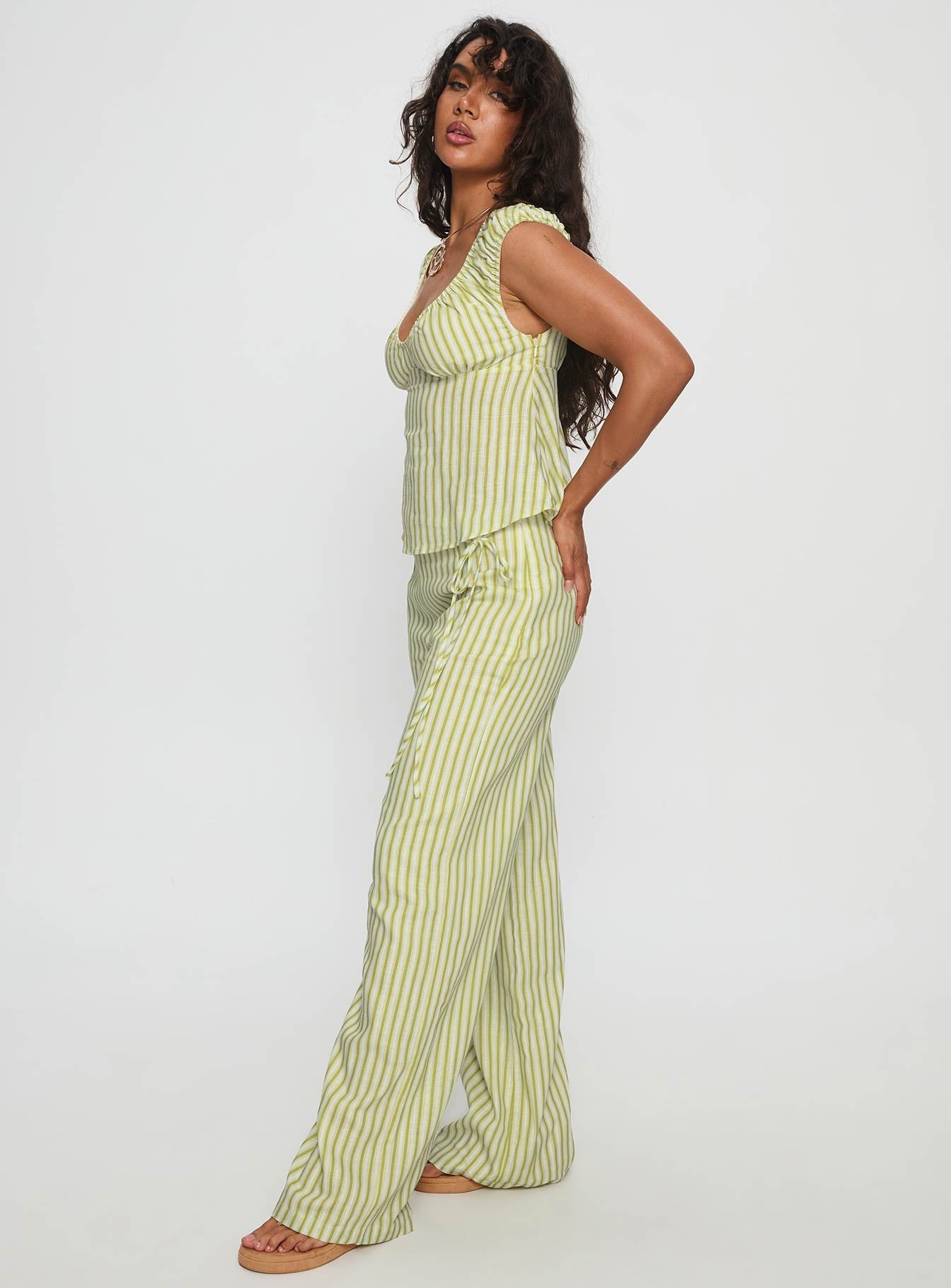 With Pleasure Tie Side Pant Green / Blue Stripe
