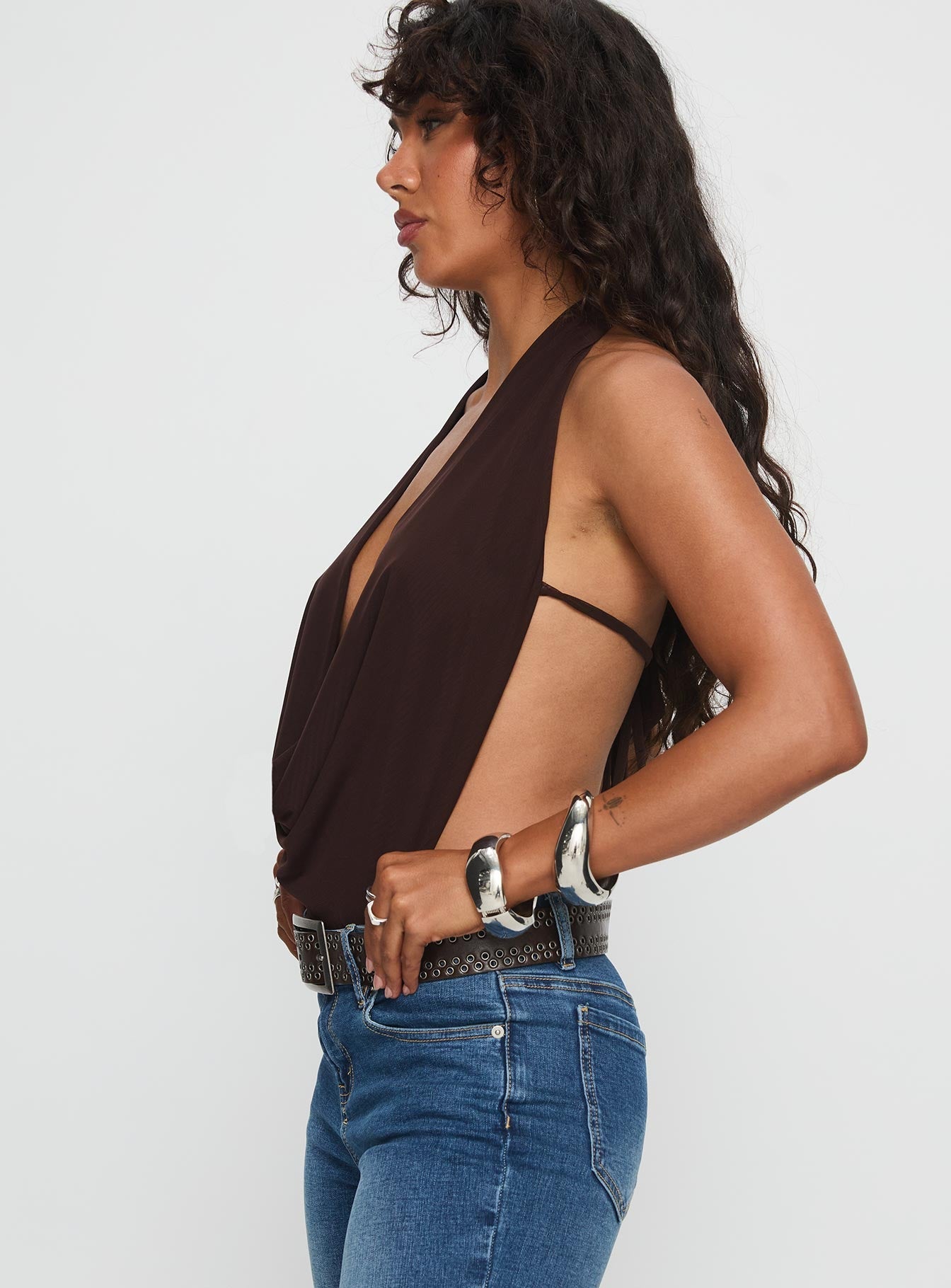 Quinna Plunge Neck Backless Bodysuit Chocolate