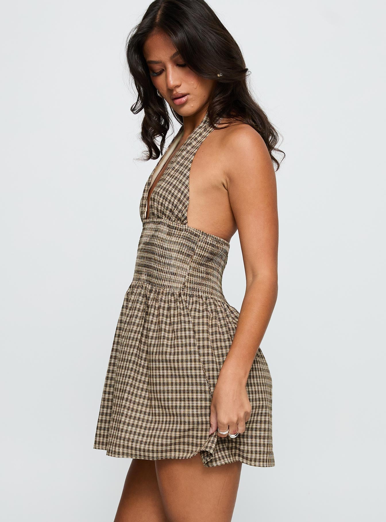 Juanette Halter Mini Dress Brown Check