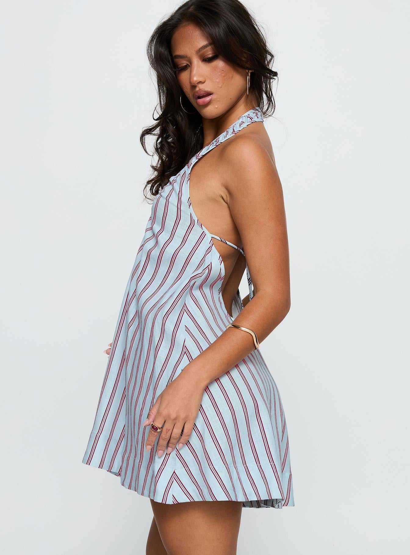 Daydreams Linen Blend Halter Mini Dress Blue / Maroon Stripe