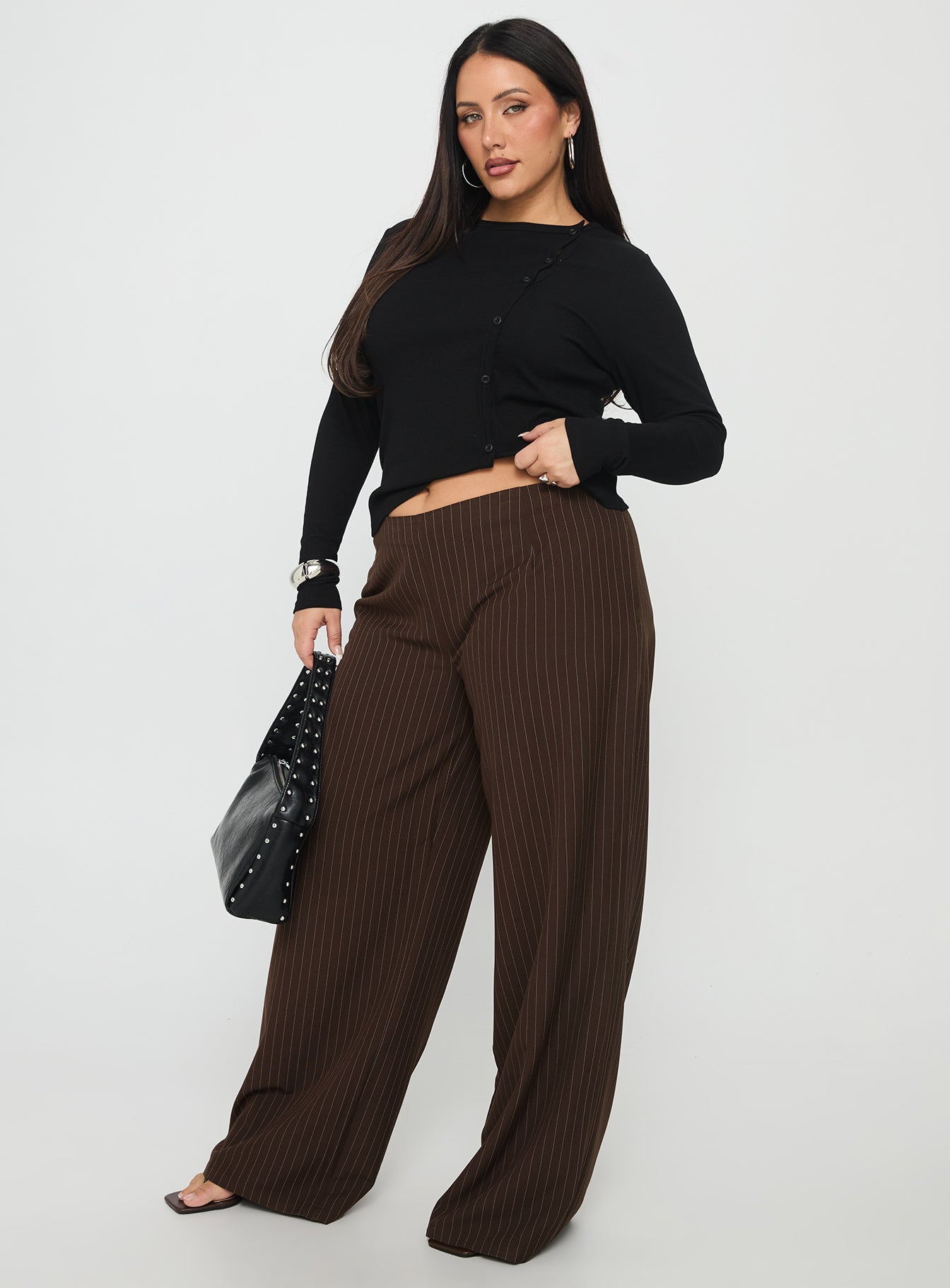 Khane Low Rise Wide Leg Pant Brown Pinstripe Curve