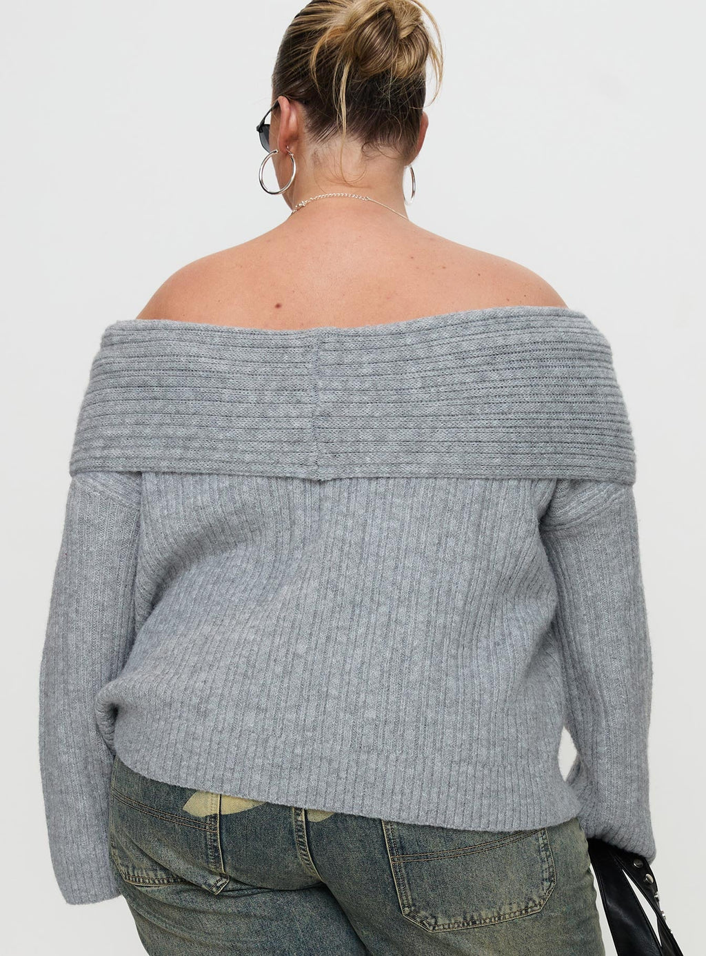 Snowie Off Shoulder Knit Sweater Grey Curve