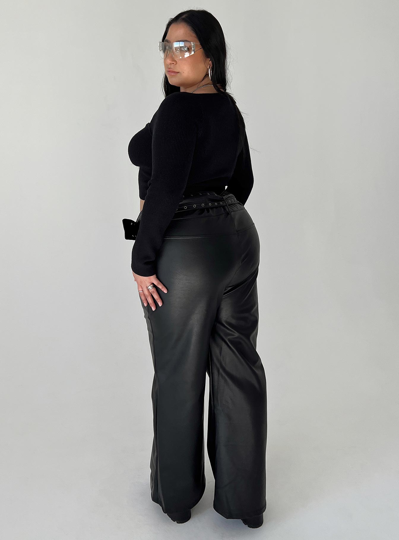Torridon Eyelet Belt Faux Leather Pants Black Curve