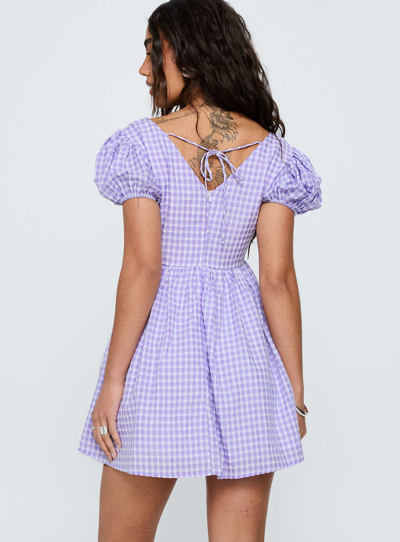 Chavelle Puff Sleeve Mini Dress Purple Check