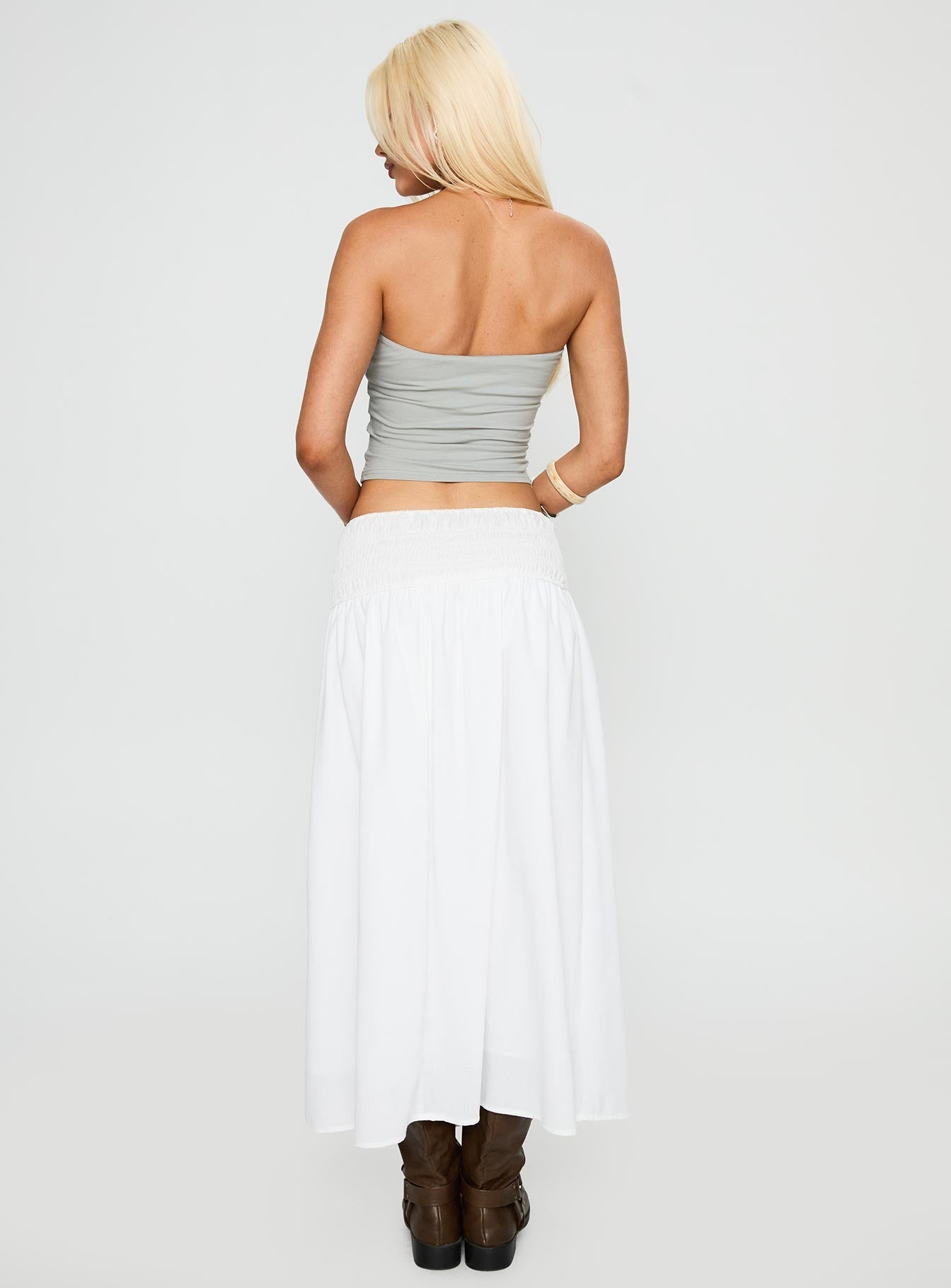 Small Towns Shirred Midi Skirt White