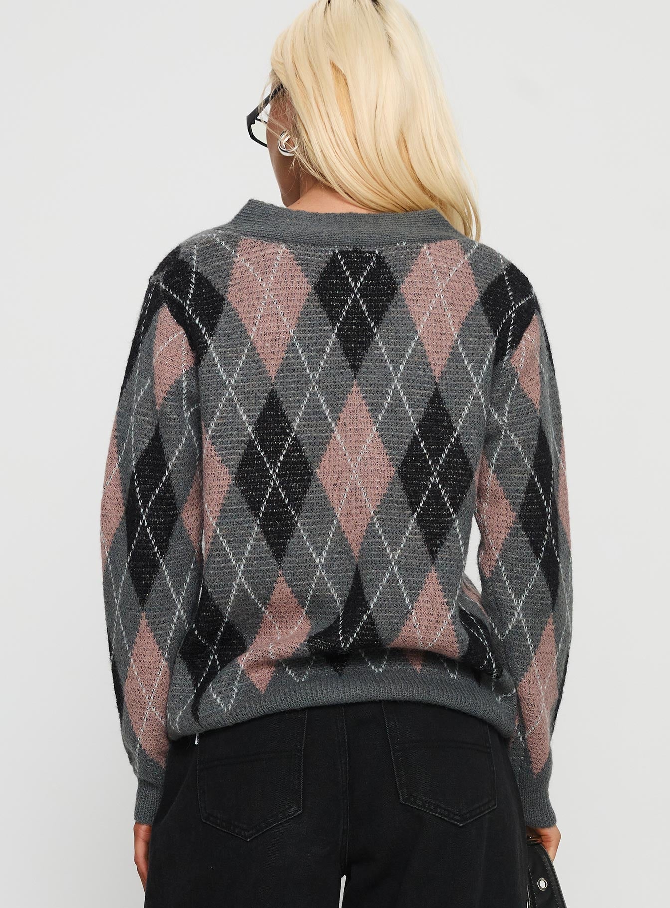 Zeeva Button Through Knit Cardigan Grey Argyle