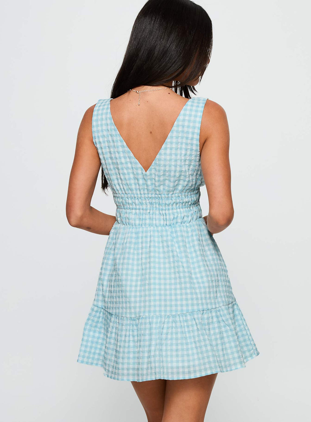 Ismena Plunge Mini Dress Blue Check