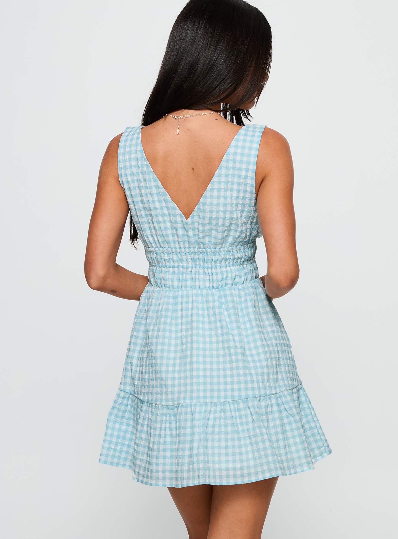 Ismena Plunge Mini Dress Blue Check