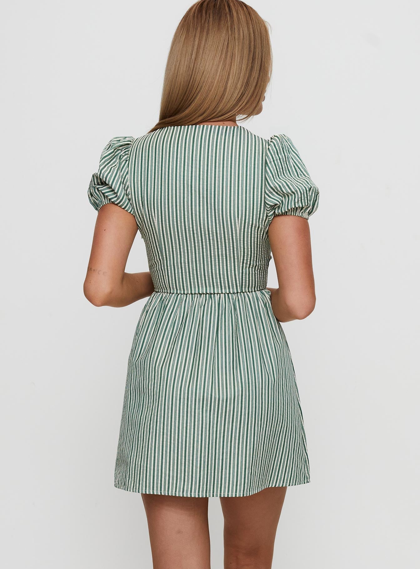 Nurture Bow Mini Dress Green Stripe