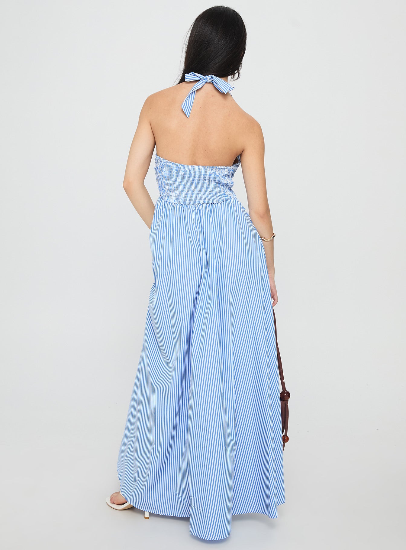 Ivie Halter Plunge Maxi Dress Blue Stripe