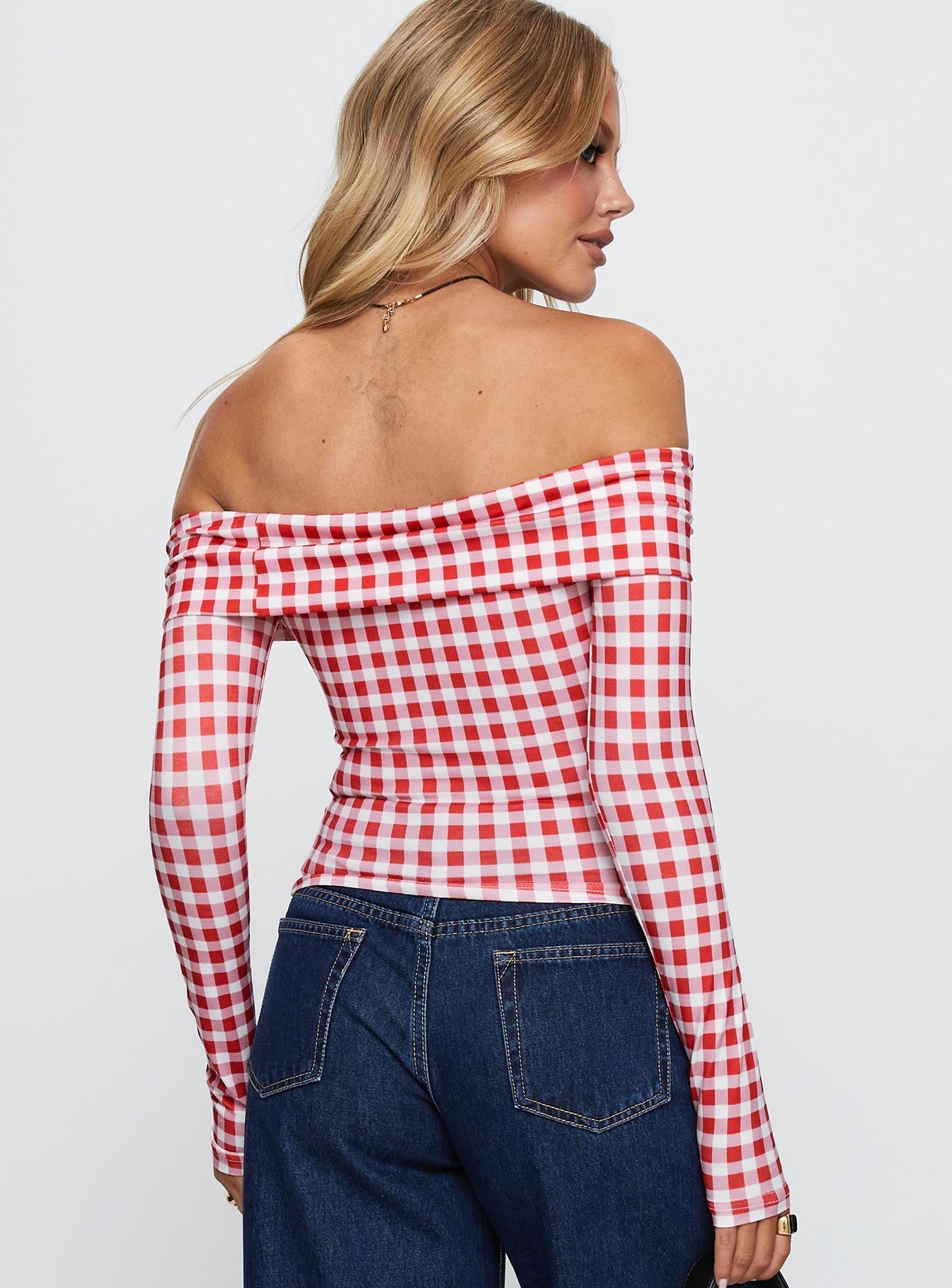 Singular Off The Shoulder Long Sleeve Top Red Check