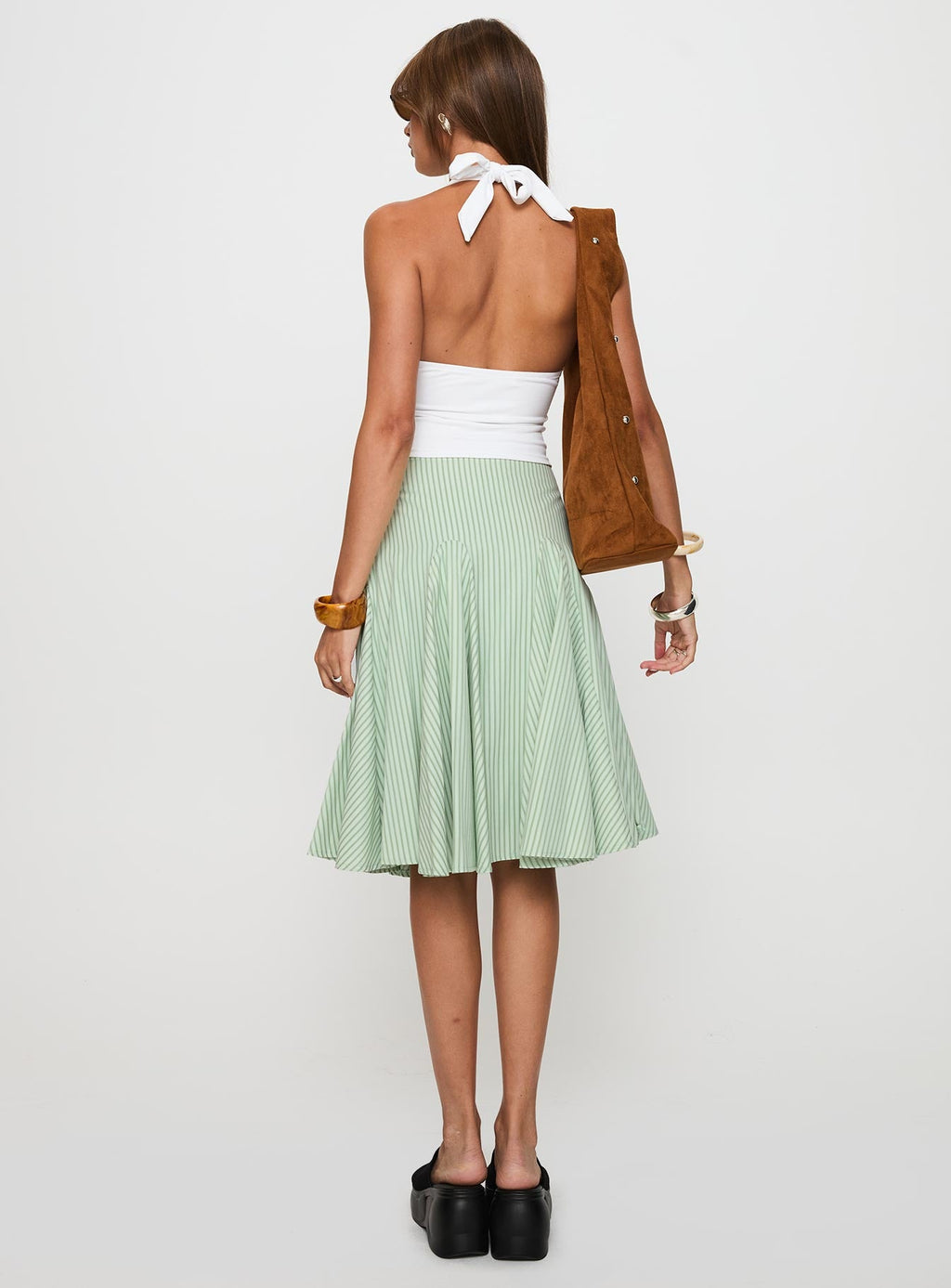 Evangaleine Pleat Midi Skirt Green / White