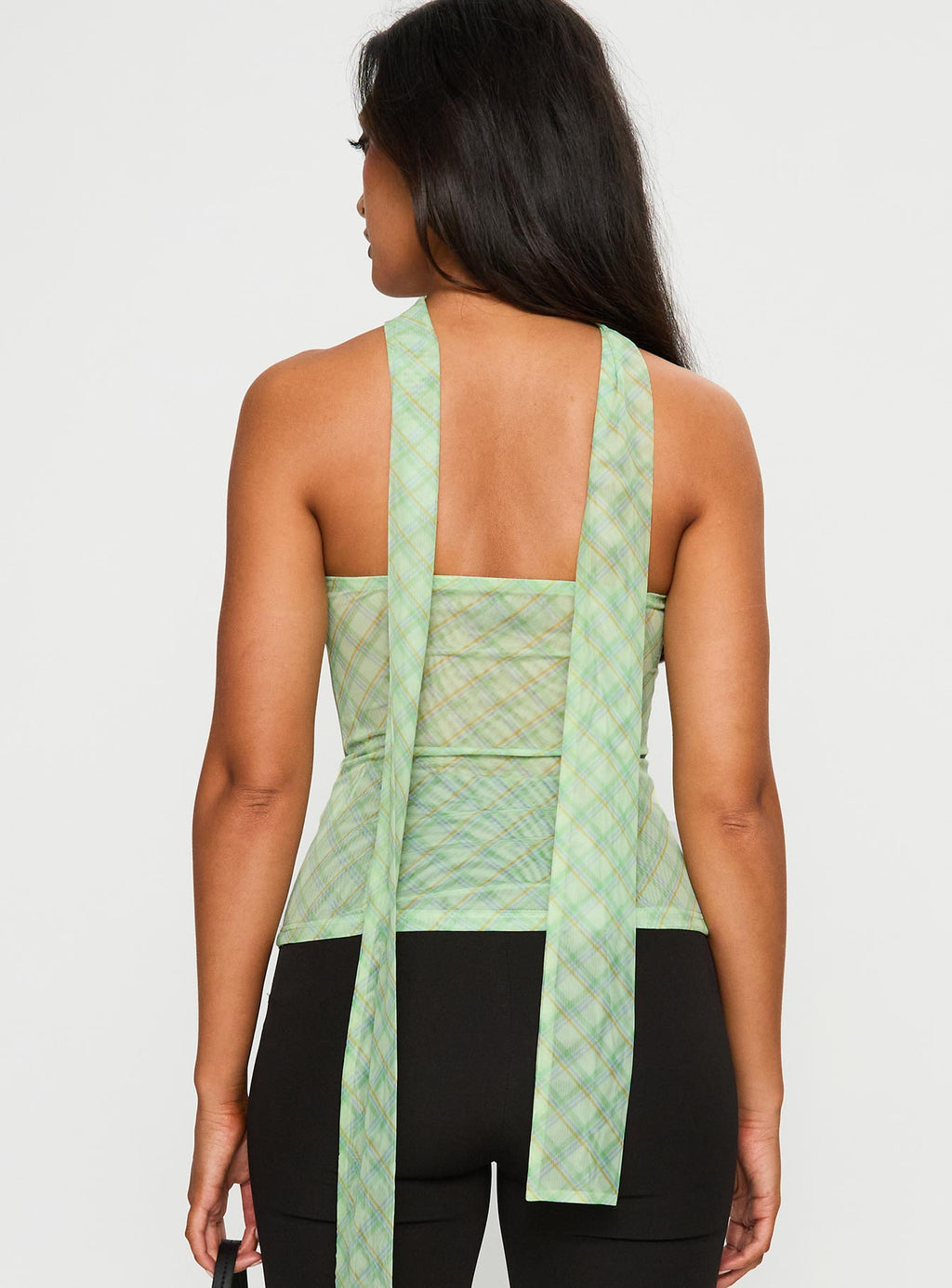 No Comparison Neck Tie Strapless Top Green Check