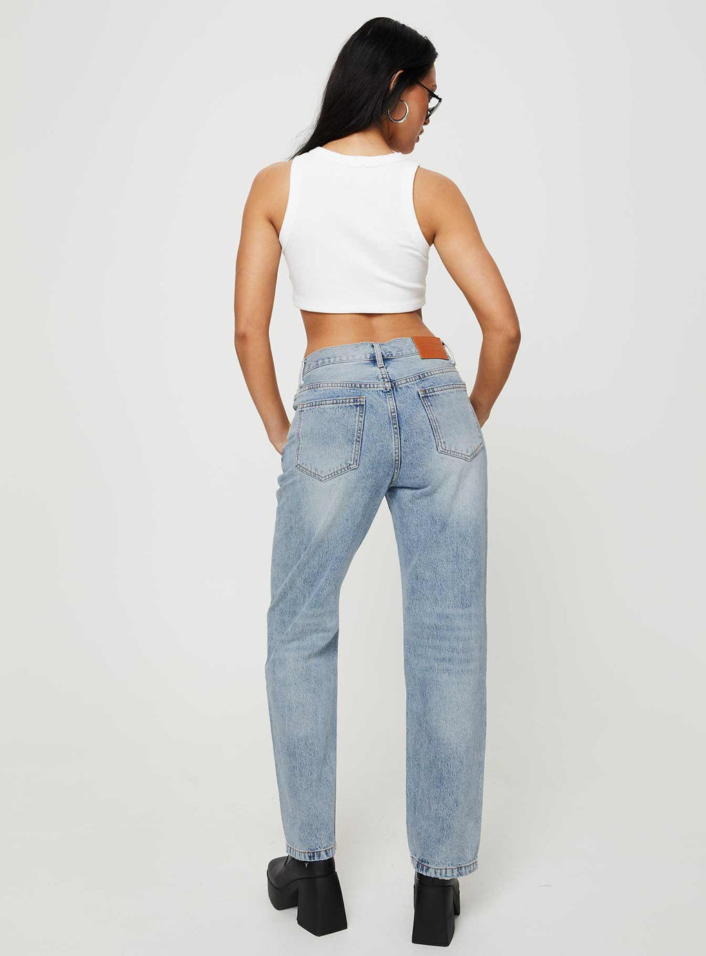 Holly Mid Rise Straight Leg Asymmetric Jean Light Wash Denim