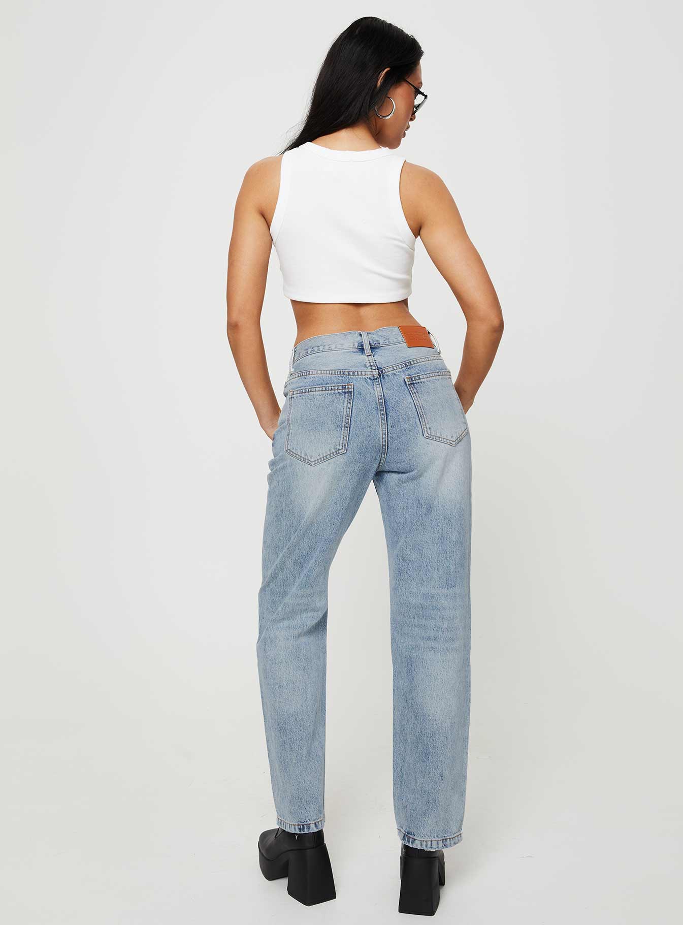 Holly Mid Rise Straight Leg Asymmetric Jean Light Wash Denim