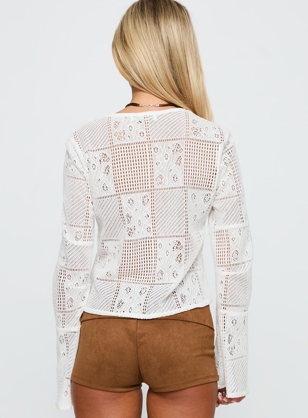 Mine For Life Crochet Long Sleeve Top White