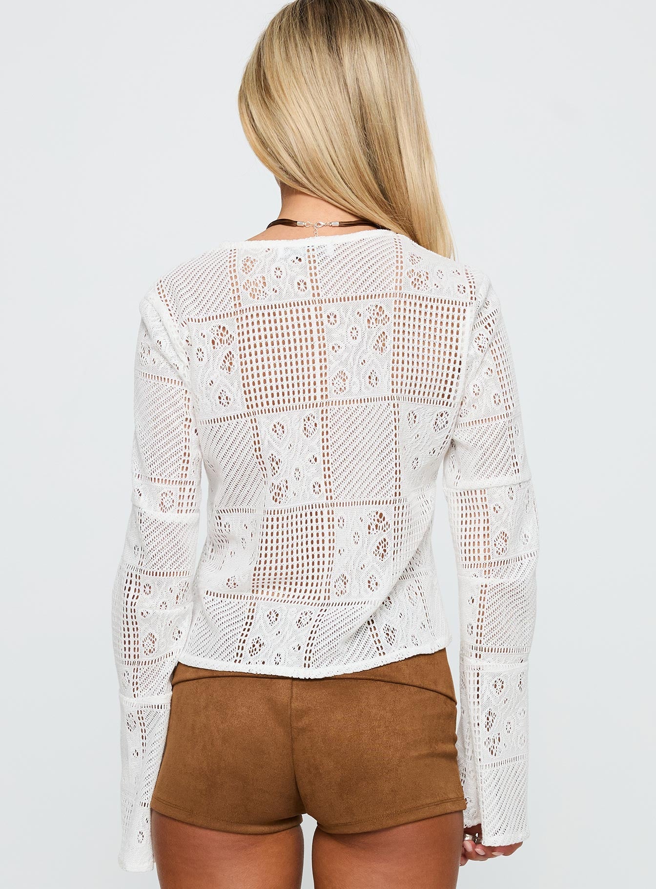 Mine For Life Crochet Long Sleeve Top White