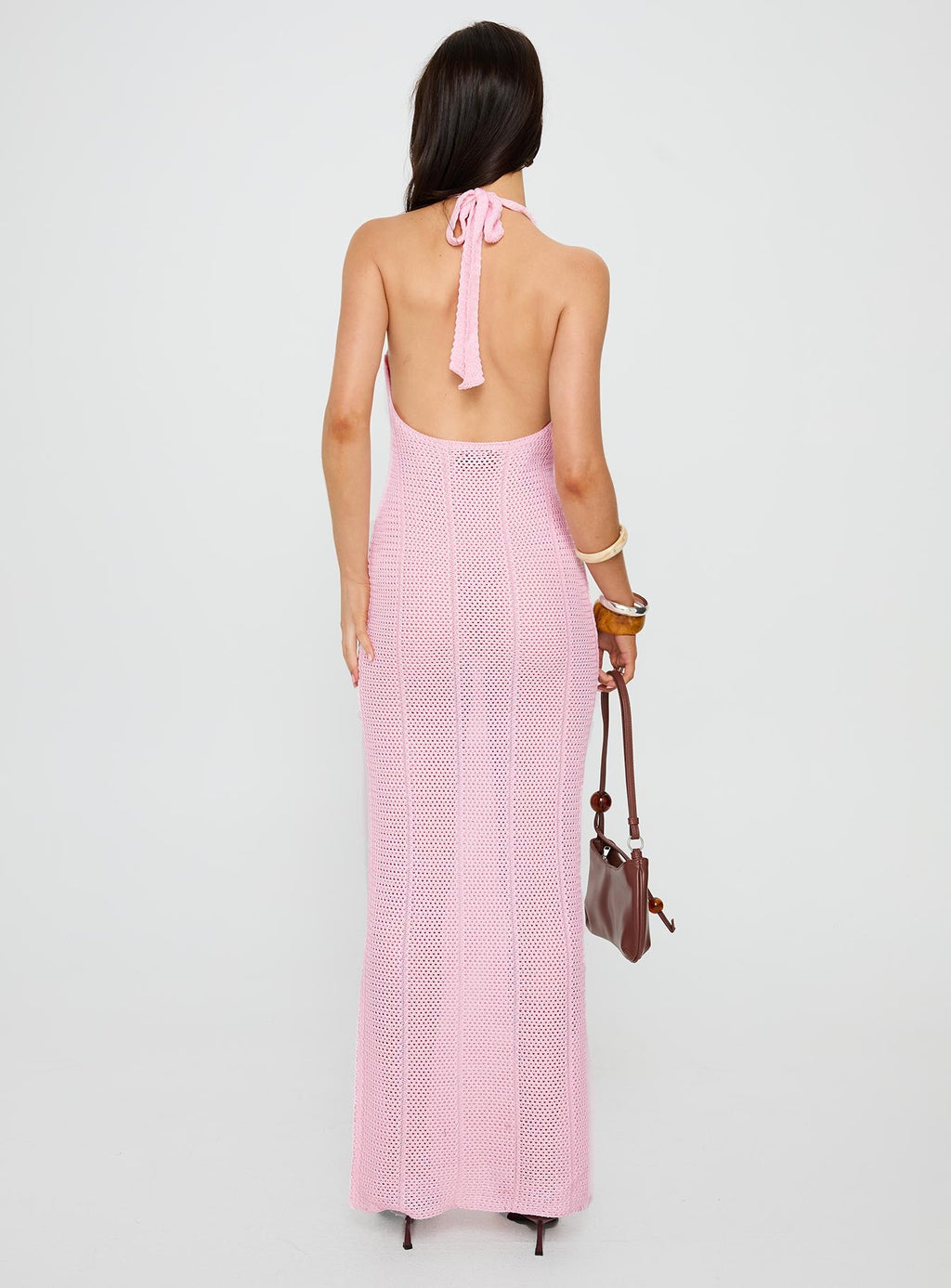 Nalanie Halter Crochet Maxi Dress Pink