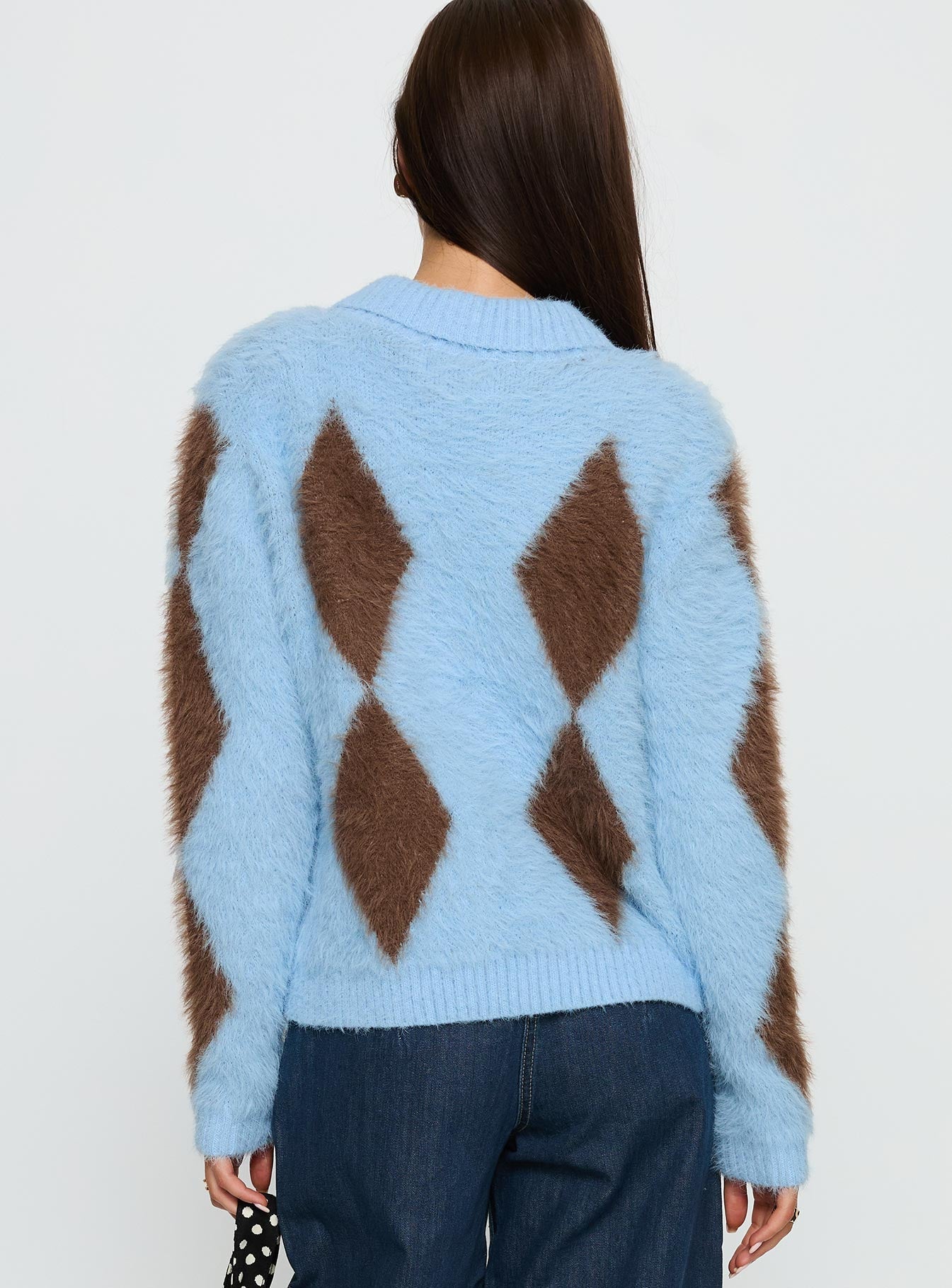 Lynnsey Fluffy Collared Knit Sweater Blue Argyle