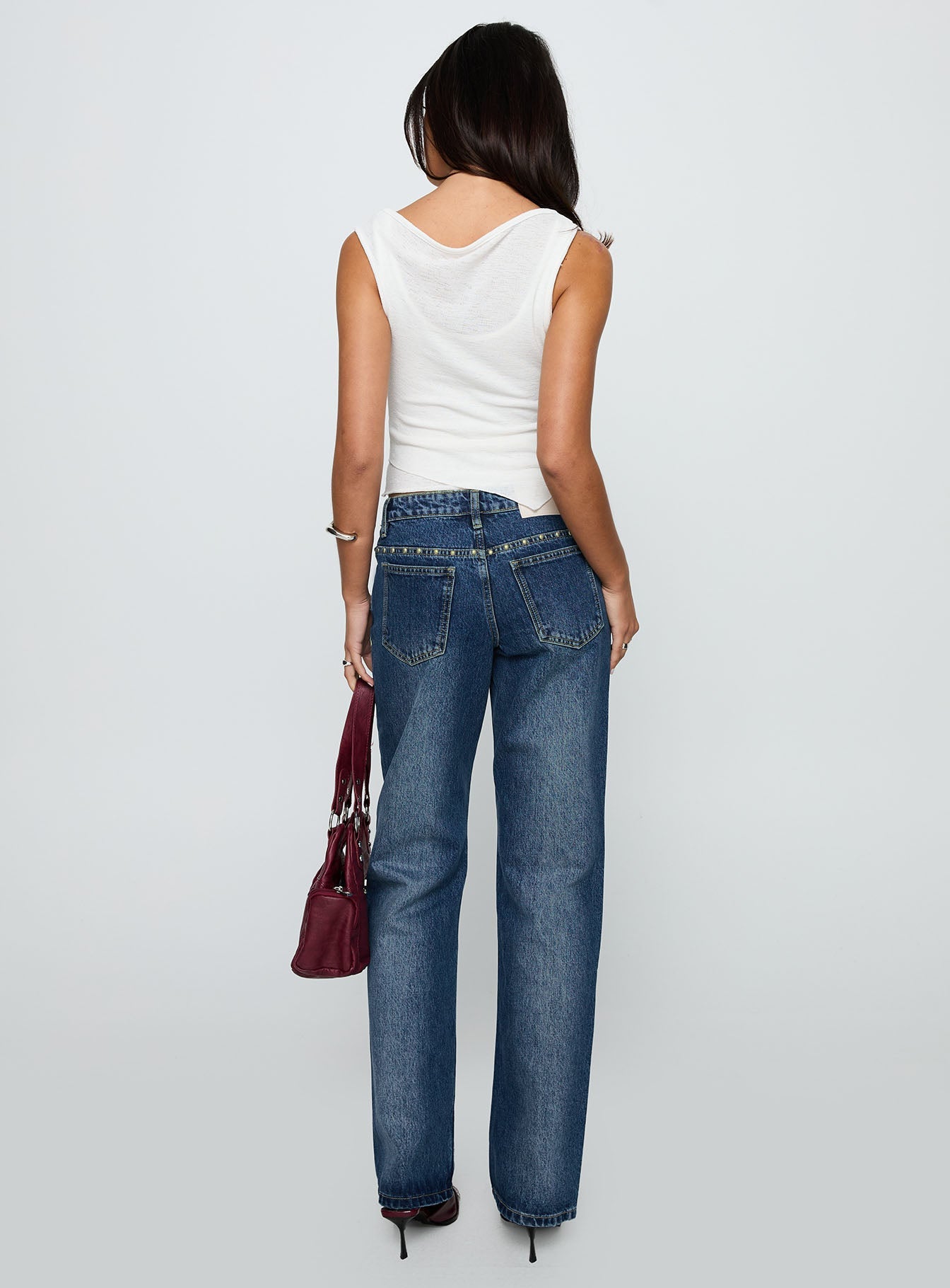 So Dazzling Studded Low Rise Straight Leg Jeans Dark Wash