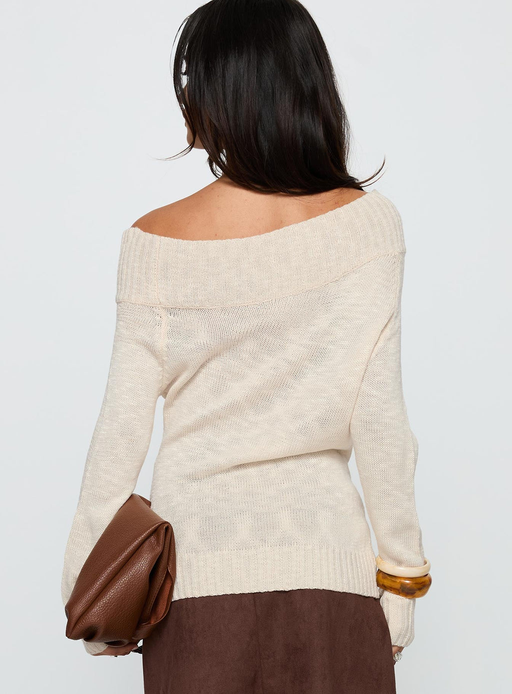 Alyxandra Off Shoulder Knit Sweater Beige