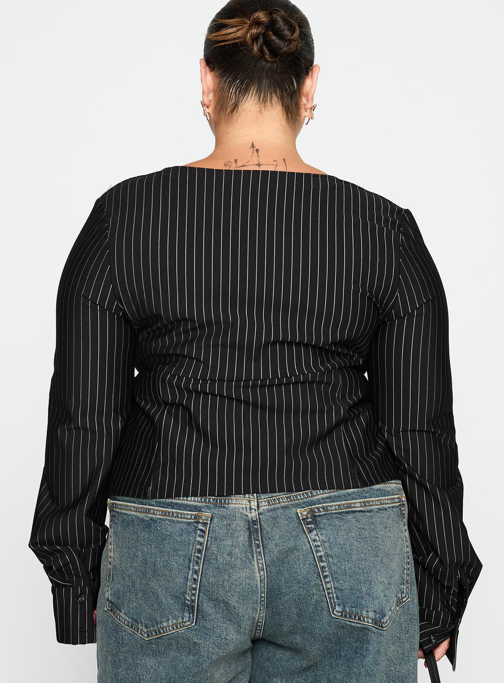 Set For Life Foldover Detail Long Sleeve Top Black / White Pinstripe Curve